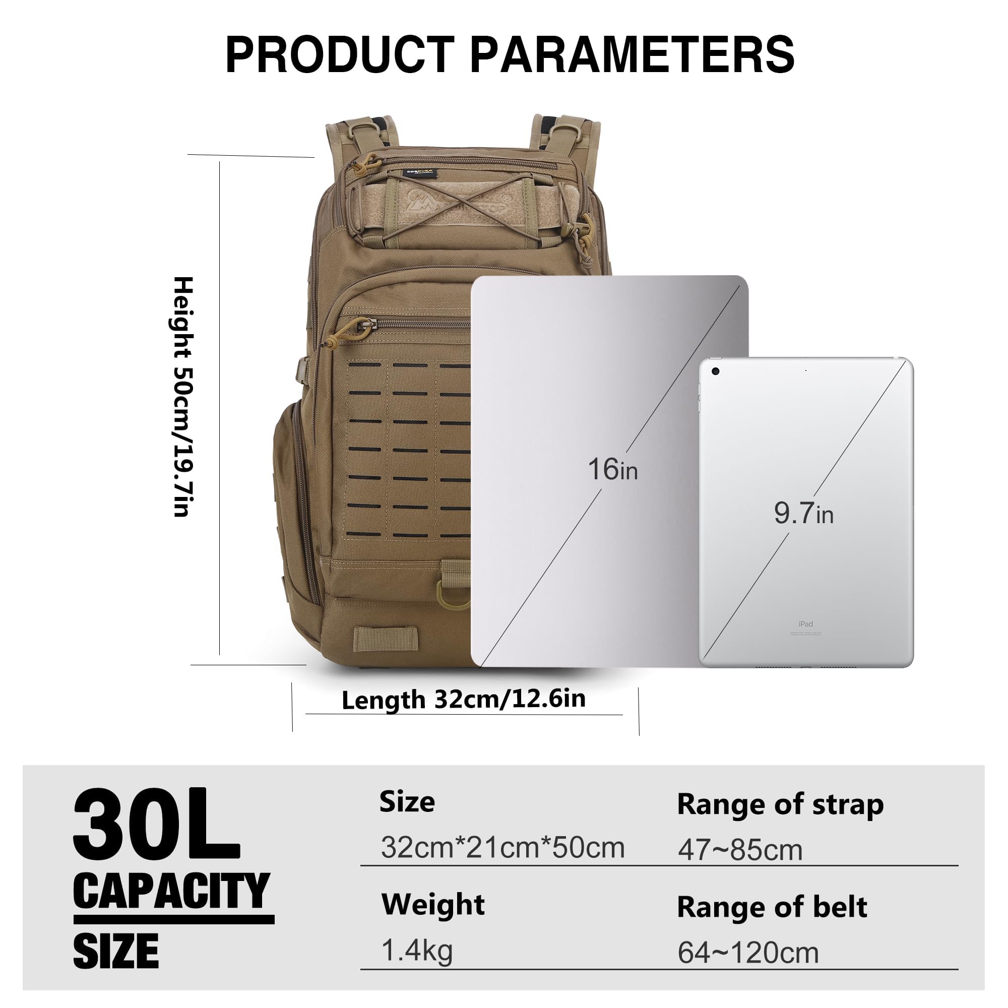 Mardingtop Molle, zaino da trekking militare, da 30 l, zaino tattico da uomo, in cordura per escursioni, campeggio, trekking, arrampicata