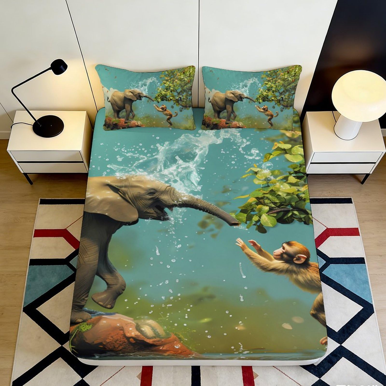 3D Printed Elephant and Monkey Fitted Sheet Microfiber Soft Breathable Jungle Scene Bed Cover for Bedroom Dormitory Guest Room Mattress Protection 140x200x25cm
