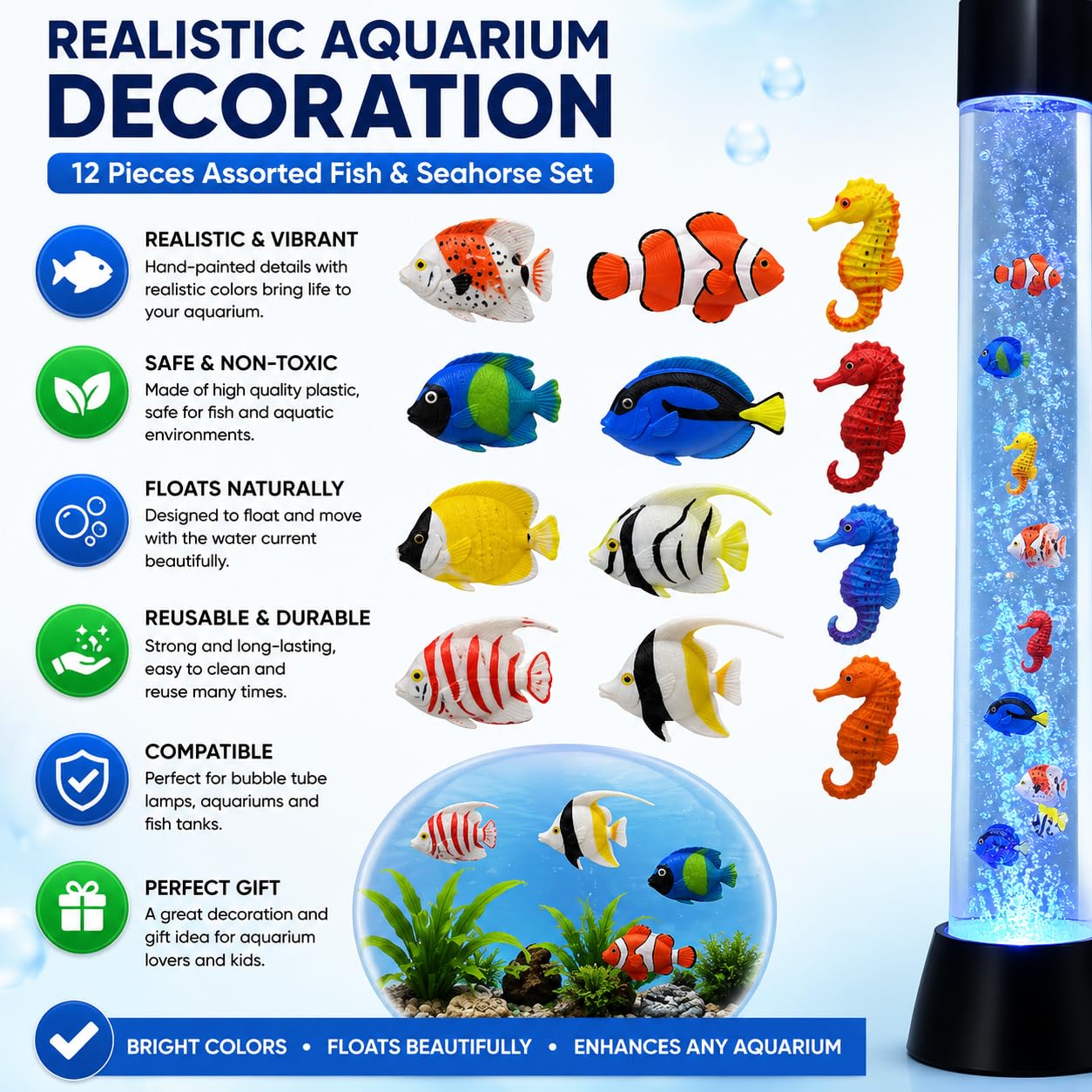 N/M 12 szt./zestaw plastikowe ryby realistyczne akwarium sztuczne ruchome pływające ryby dekoracje do baniek rurka lampa akwarium (losowy kolorowy wzór) (12 sztuk)