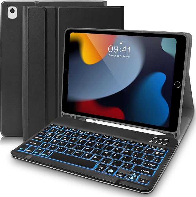 YUEJIDZ iPad 9th/8th/7th Generation Case with Keyboard 10.2-inch 2021/2020/2019, 7 Color Backlit Bluetooth Detachable Keyboard with Pencil Holder for iPad Air 3rd/iPad Pro 10.5 2017,Black