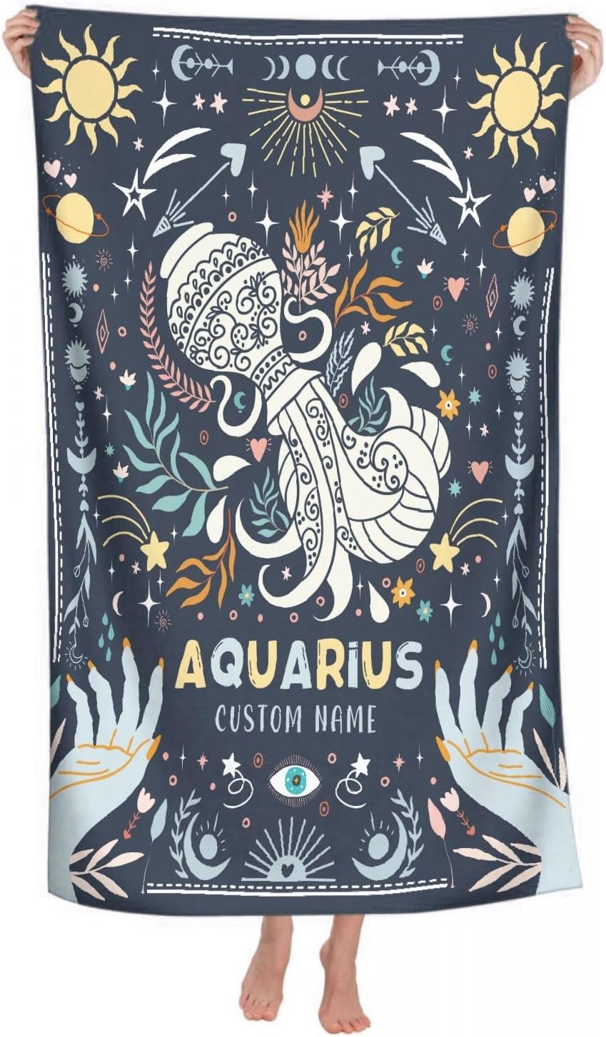 FUNBIRD Custom Aquarius Beach Towel - Custom Constellation Towels - Quick Dry Towel for Travel,Camping,Beach - Personalized Gifts Astrology Bath Towel for Birthday Christmas - 80x130cm
