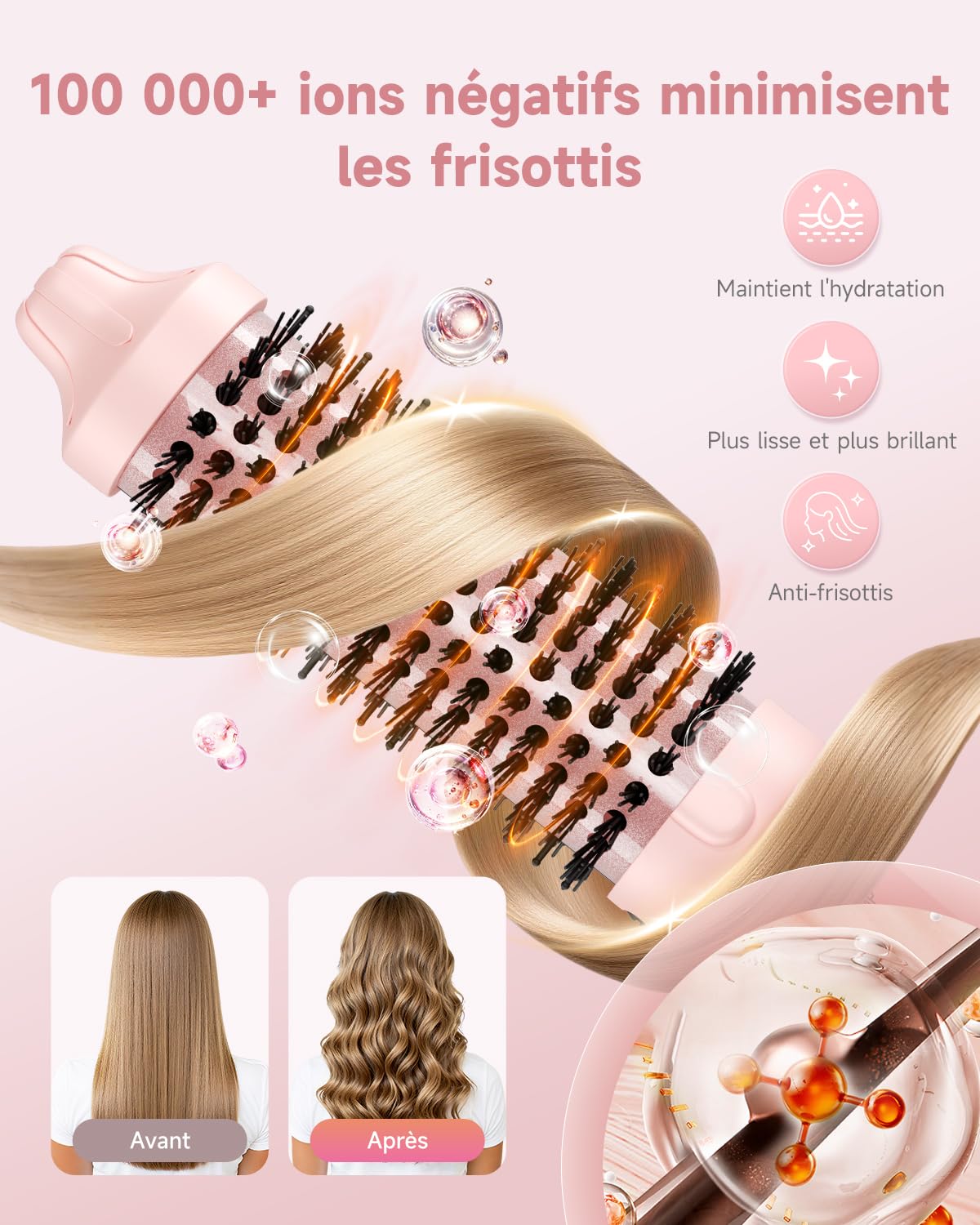 Brosse thermique FLYZEMAA, Thermal Brush 38mm pour des Boucles Naturelles, Brosse Chauffante pour 3 Niveaux de Température, Écran LCD, Double Tension, Prise UE, Rose