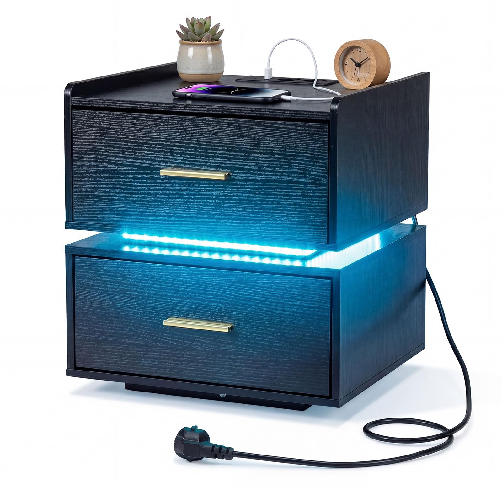 COSTWAY Table de Chevet avec Prise Intégrée, Table de Nuit LED avec 2 Tiroirs, 16 Couleurs, Design Semi-Flottante, Base Métallique, Grain de Bois, pour Salon, Chambre (1,Noir Bois)