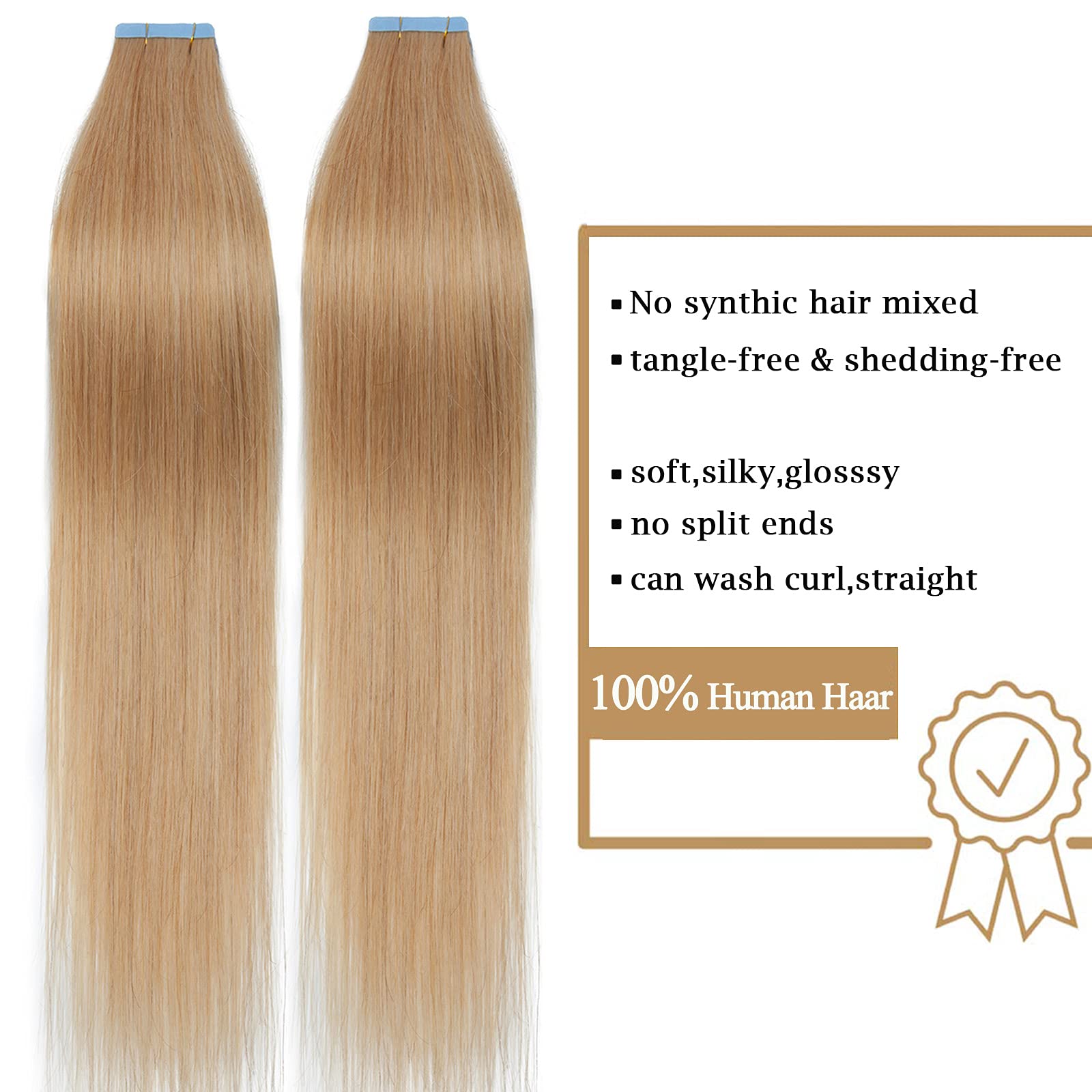 SEGO 40 PCS Extensions Adhesives Cheveux Naturels Bande Adhésif - 45cm (40Pcs) 24#Blond Naturel 100g (2.5g/Pièces)- Tape In Remy Hair Vrai Cheveux a Froid Invisible