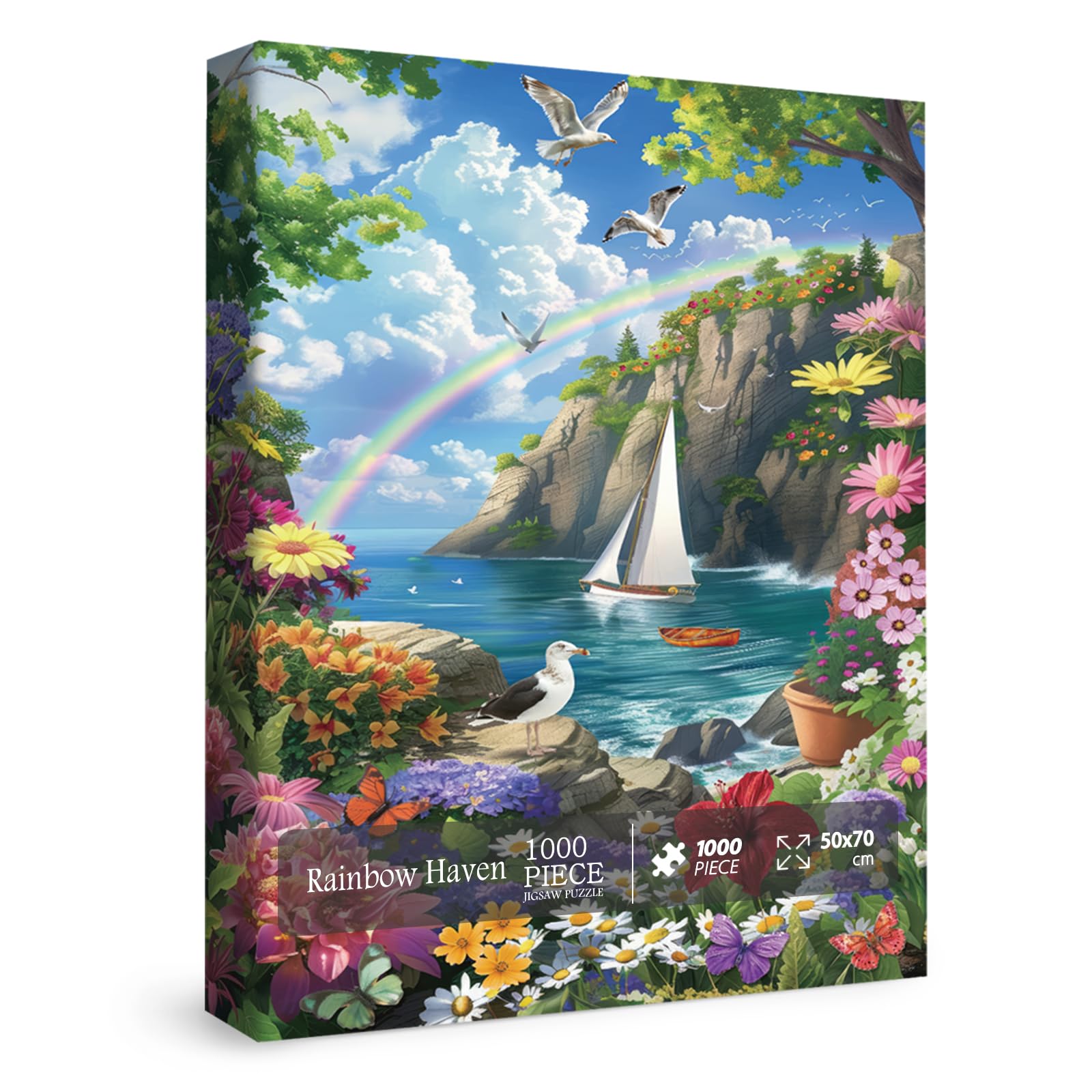 Beach Ocean Puzzles for Adults 1000 Pieces Nature, Summer Hawaii Landscape Scenic Jigsaw Puzzles, Bird Plant Flower Sailboat Rainbow Puzzle