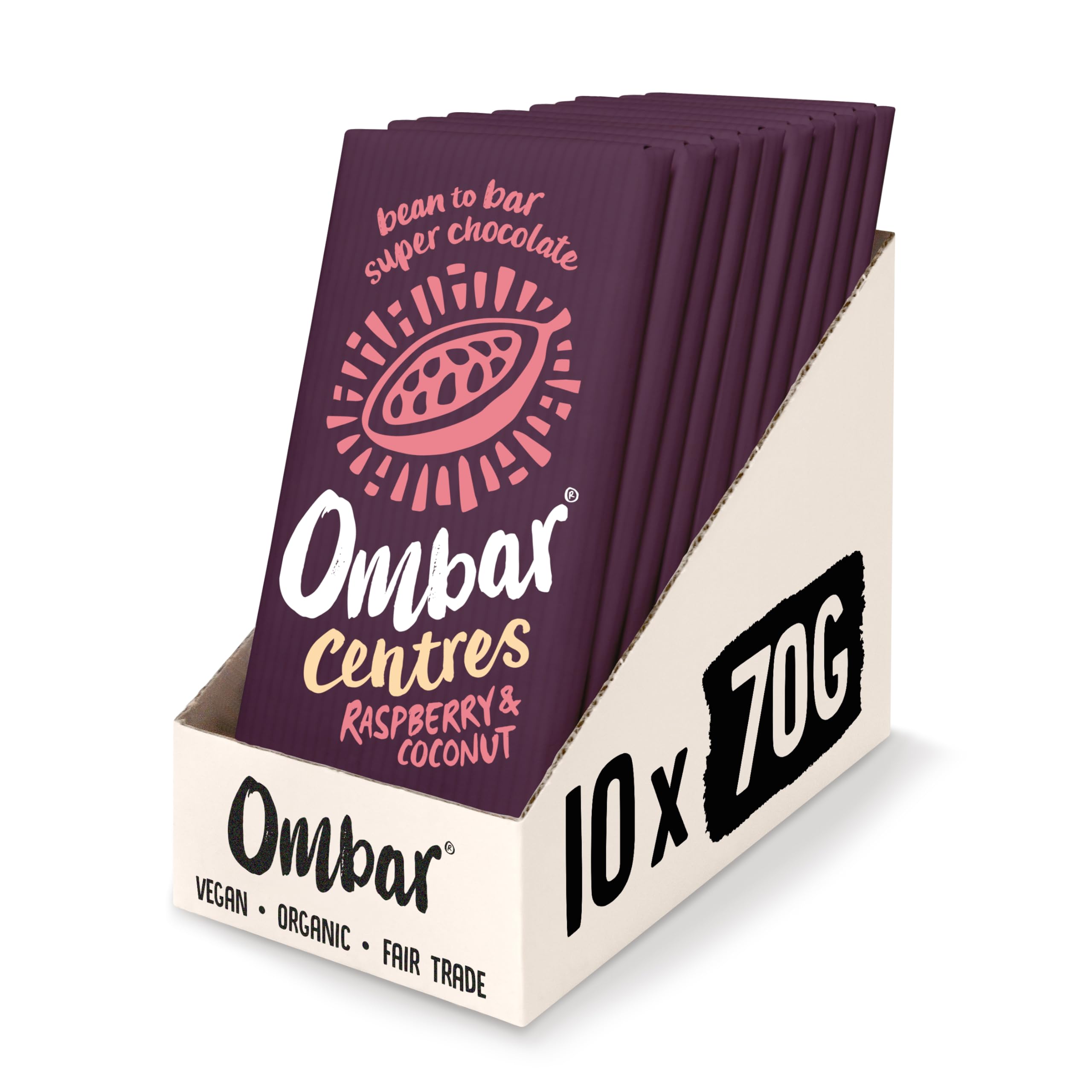 Vegan Chocolate - Ombar Centres Coconut & Raspberry (70g x 10 Bars) Organic, Fair Trade, Dairy Free and Gluten Free Chocolate