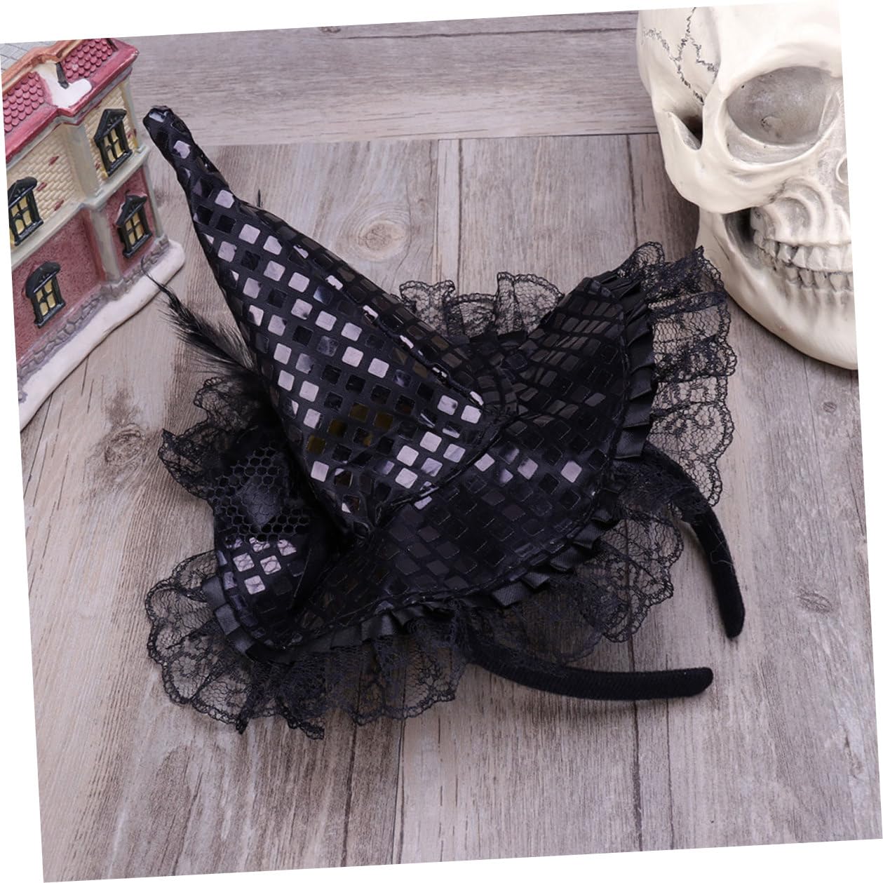 9 Pezzi Cerchietto per Chioma Halloween Cappello da Strega Nero Leggero Pizzo e Paillettes, Accessorio Cosplay per Feste e Party Costume