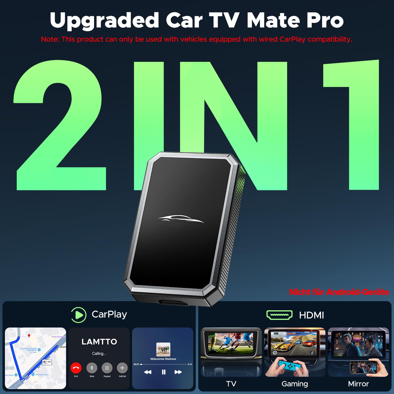 LAMTTO Car TV Mate, Bezprzewodowy Adapter Carplay do OEM Wired Carplay F-ire TV/konsola do Gier, HDMI Multimedia Plug+Play Przewodowe Modele Samochodów CarPlay iOS 10+, Type-C/USB