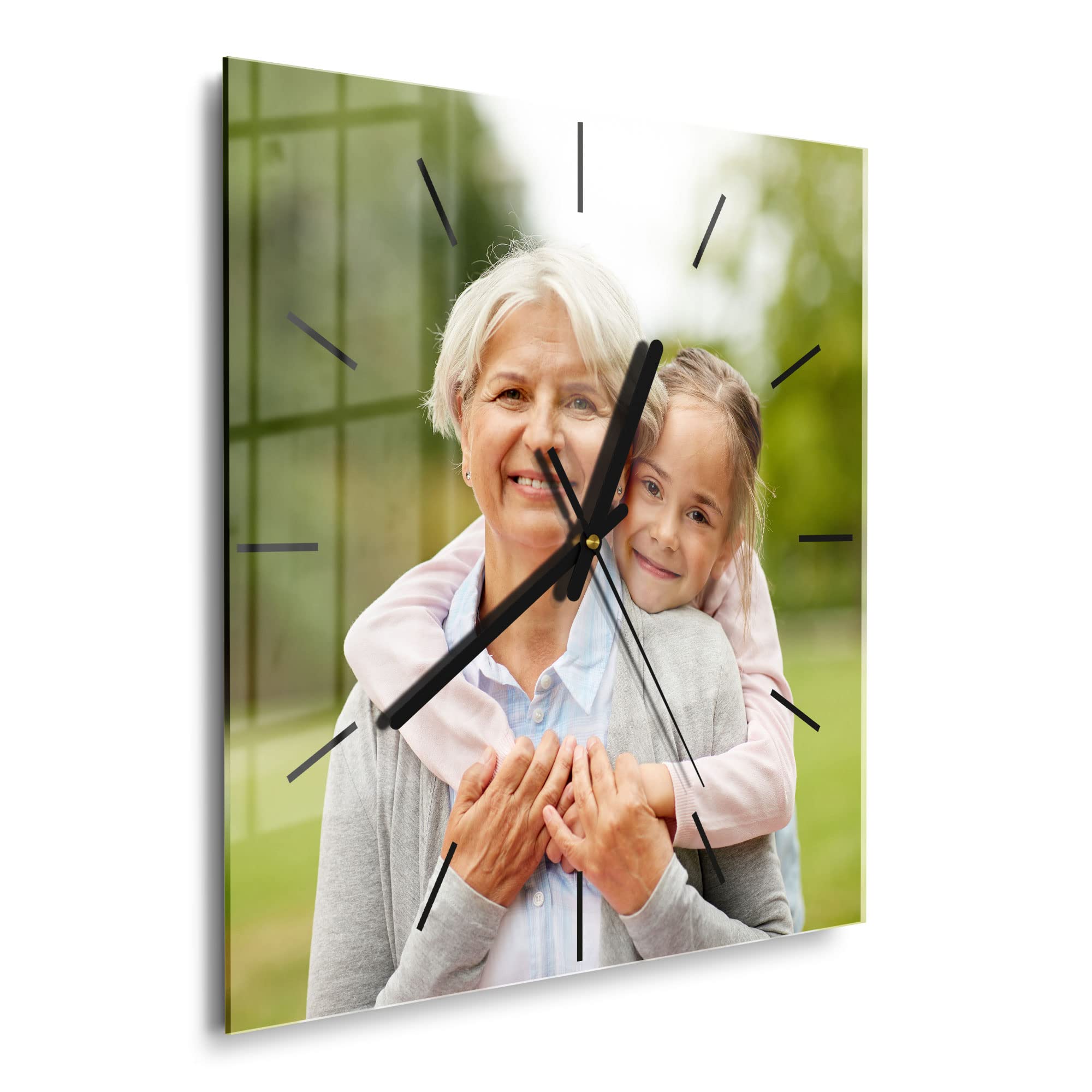 DEQORI Reloj de cristal personalizado con foto, 30 x 30 cm, moderno, blanco, imagen propia, diseño silencioso y elegante, reloj de pared para sala de estar y cocina, moderno reloj de pared para la