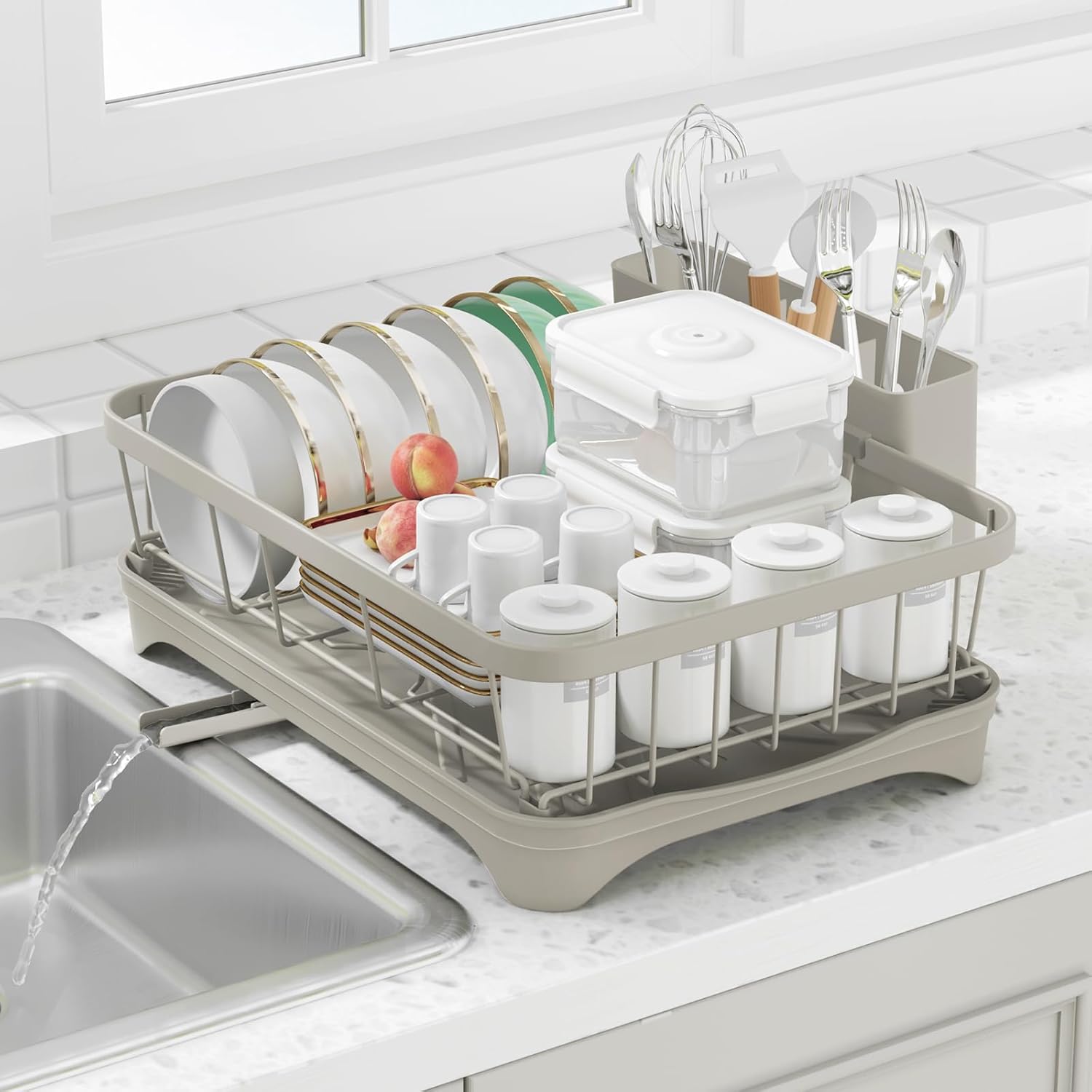 Dish Drying Rack for Kitchen Counter – Space Saving Drying Rack with Drainboard & Utensil Holders, Large Capacity Organizer for Bowls Cups, Countertop Dish Drainer Grey Dish Drying Rack for Kitchen Counter – Space Saving Drying Rack with Drainboard & Utensil Holders, Large Capacity Organizer for Bowls Cups, Countertop Dish Drainer Grey