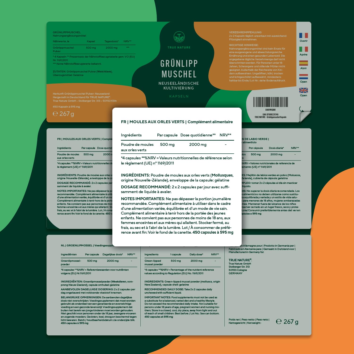 Moule Verte de Nouvelle Zelande - 2.000mg - Articulations & Cartilage Sains, Anti-Inflammatoire - 450 Gélules - Poudre de Moule Verte en capsules - SANS: Additifs, Gluten & Lactose - TRUE NATURE