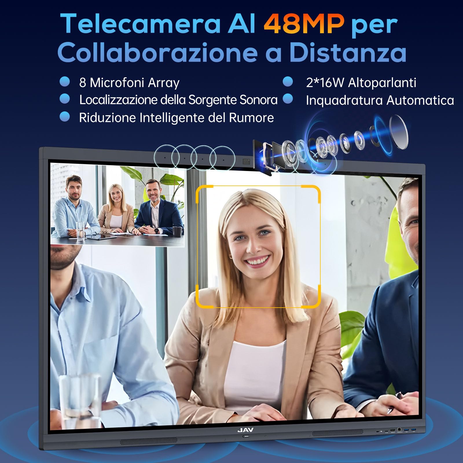 JAV Smart Board 55 Pollici Android 14 Certificazione Google EDLA | 4K UHD Touchscreen 8+128GB Telecamera AI 48MP Integrata Doppio Sistema Lavagna Interattiva Digitale per Ufficio Aula