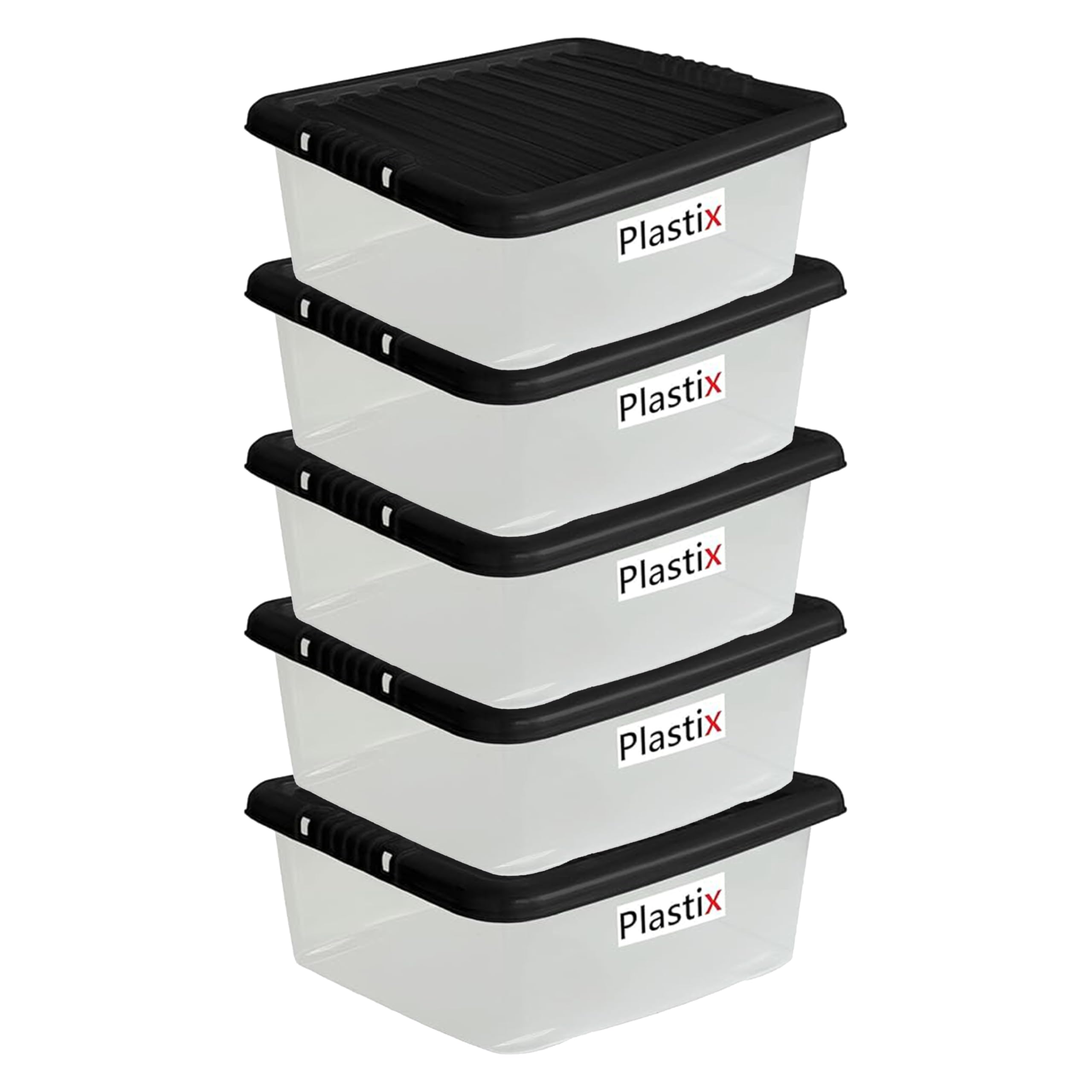 Plastix Clear Plastic Storage Box Boxes With Black Lids Home Office Stackable UK Made (5, 6L)