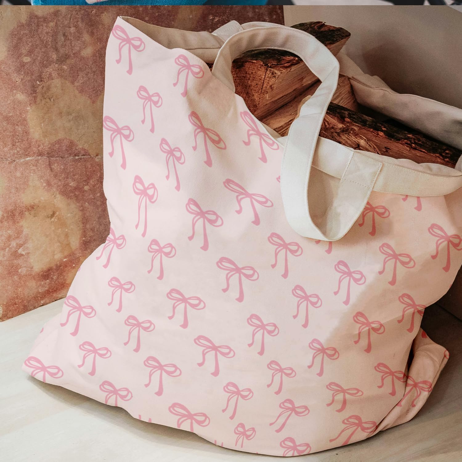 Coquette Pink Bows Canvas Tote Bag - Cute Gifts for Women girls, Preppy Bow Reusable Bag for Shopping Work - Image 5