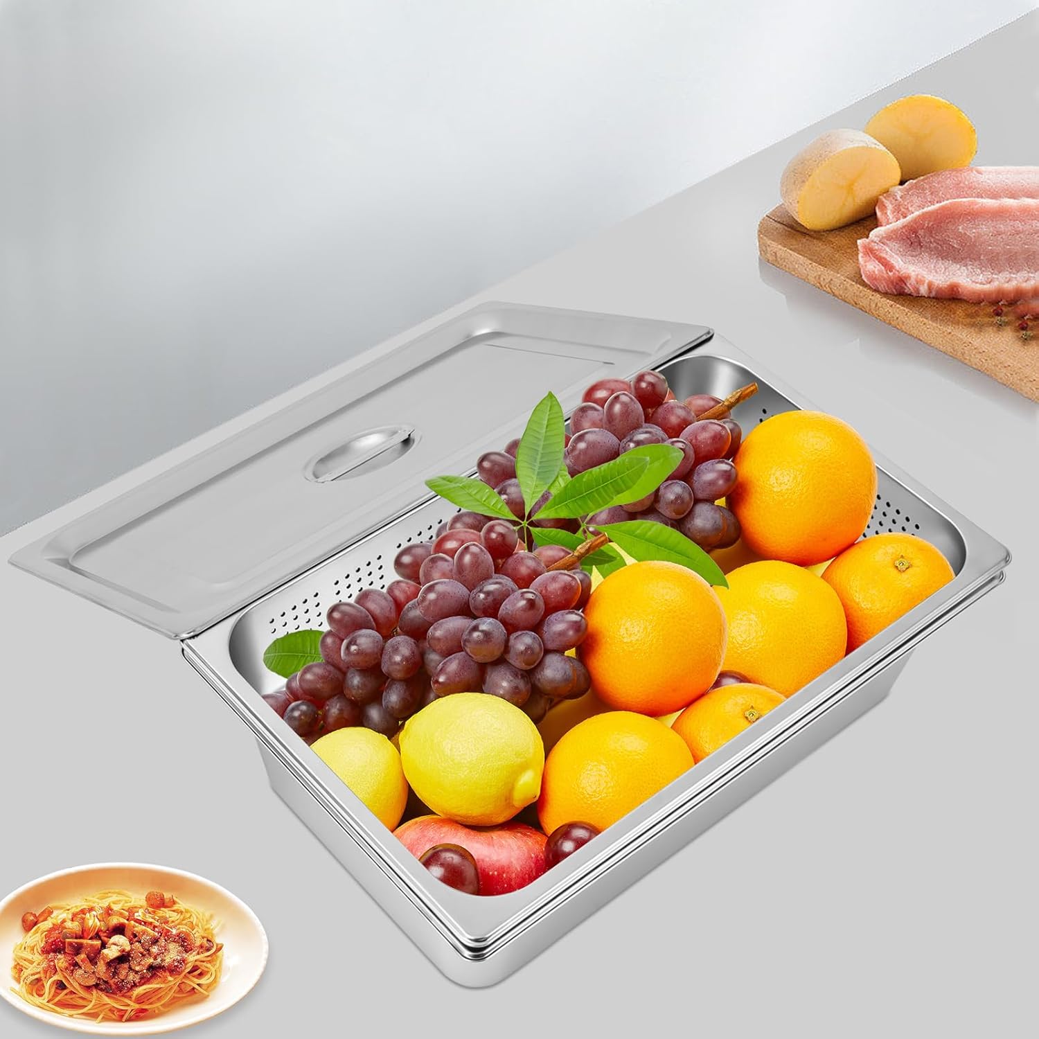 3 Pack Full Size 4 Inch & 6 Inch Hotel Pan with Lid Include Pan Perforated Steam Pan Steam Table Pan Cover for Restaurants, Cafeteria, Kitchen (Full Size)