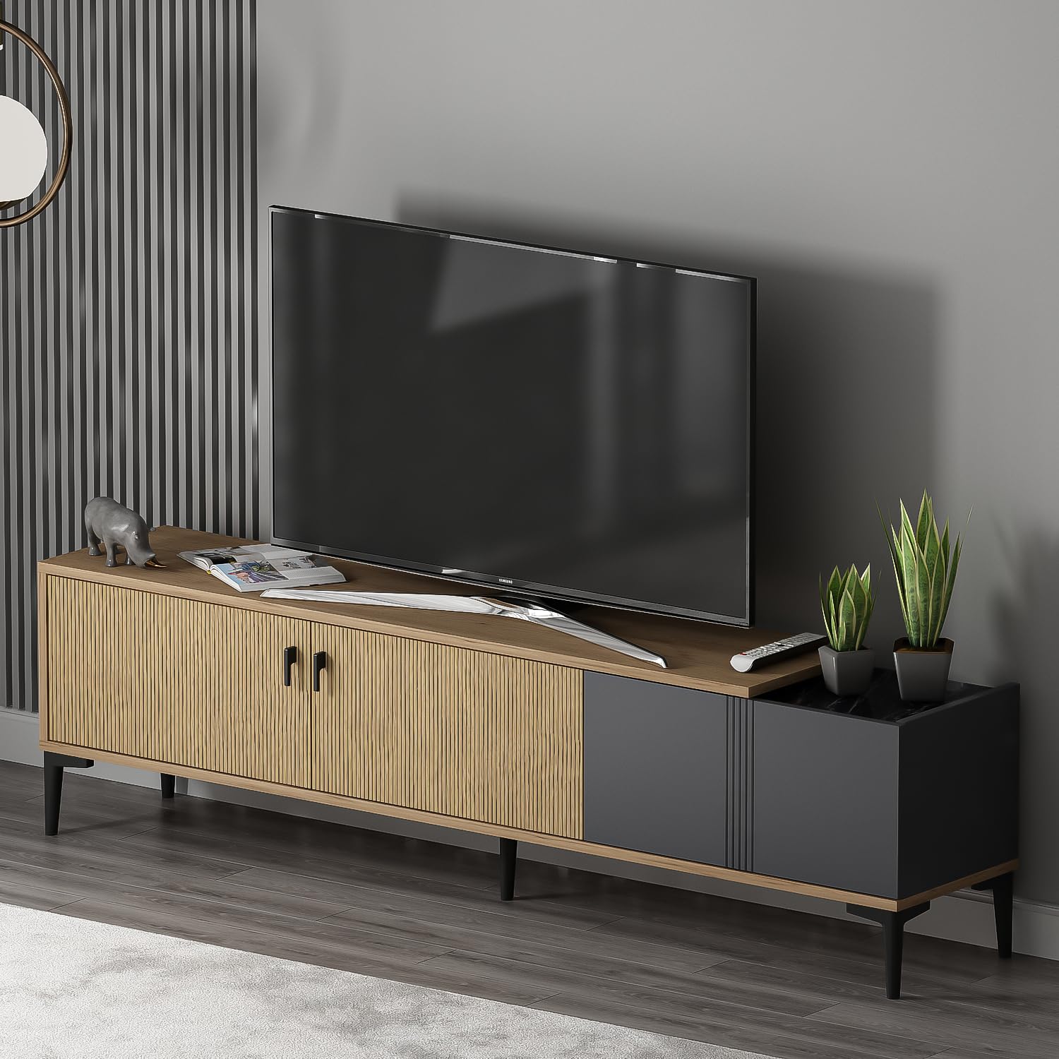 Homidea Modena - Meuble TV bas de 180 cm avec portes et espace de rangement - Meuble TV au design scandinave - Pour salon (chêne clair - anthracite)