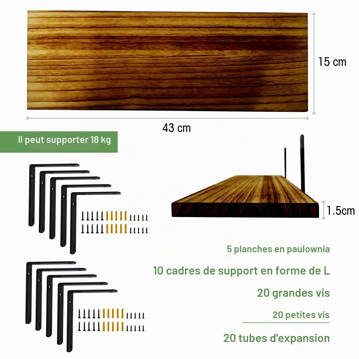 Mardili Lot de 5 étagères murales en bois rustique Marron foncé 42 x 15 x 1,5 cm