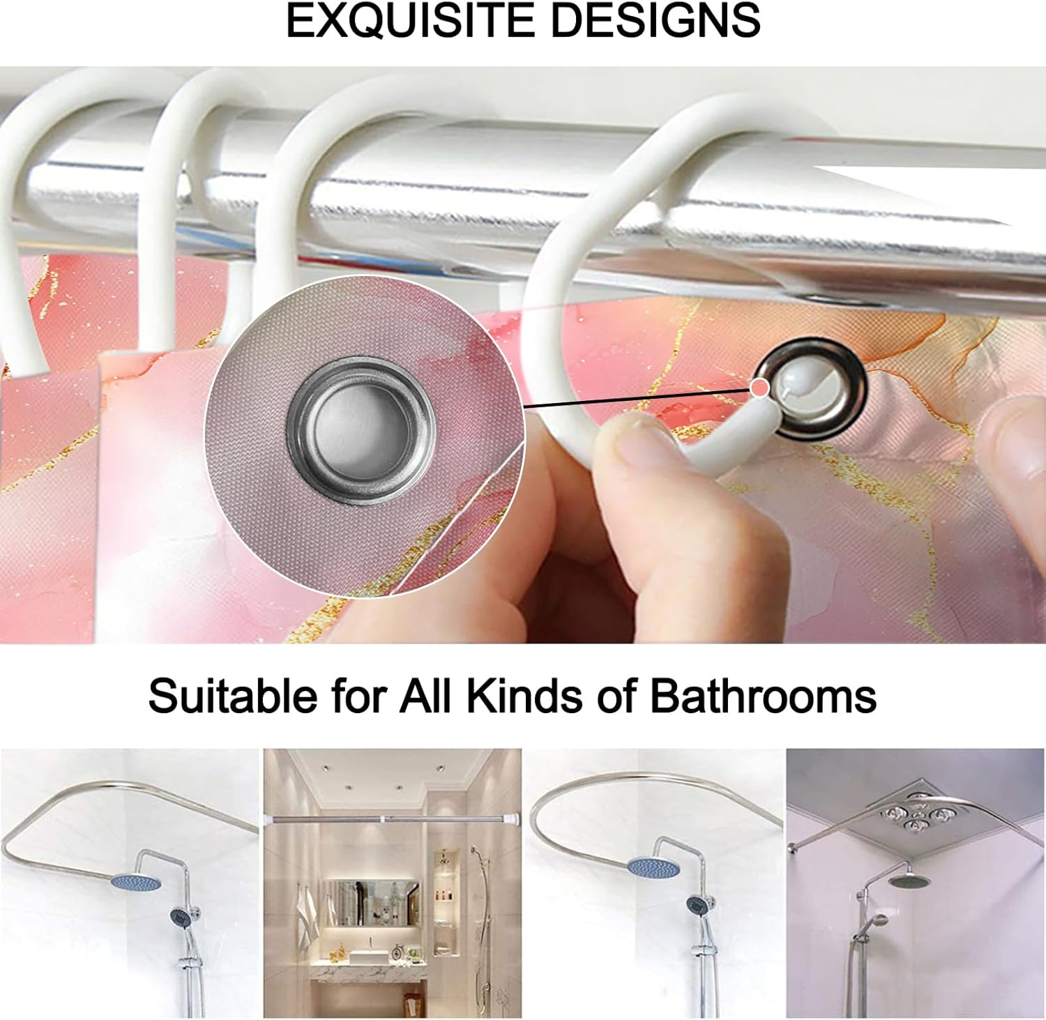Lnond 4Pcs Bathroom Sets with Shower Curtain and Rugs, Pink Gold Marble Modern Art Shower Curtain Sets with Rugs and Accessories