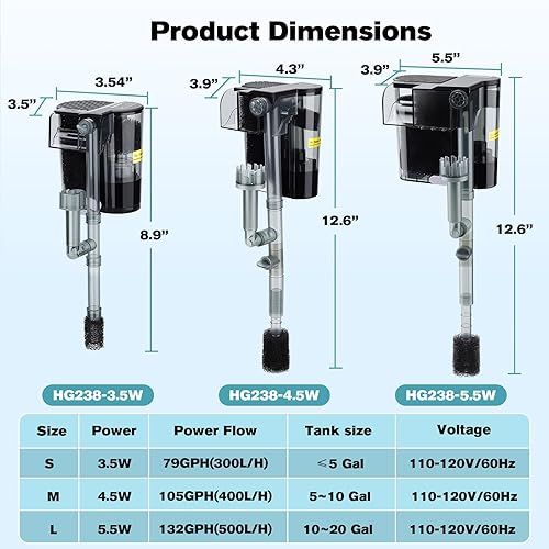 Miniatura 7 de hygger Filtro de acuario para colgar en la parte posterior, sistema de filtración de cascada de filtro de pecera, flujo de agua ajustable con