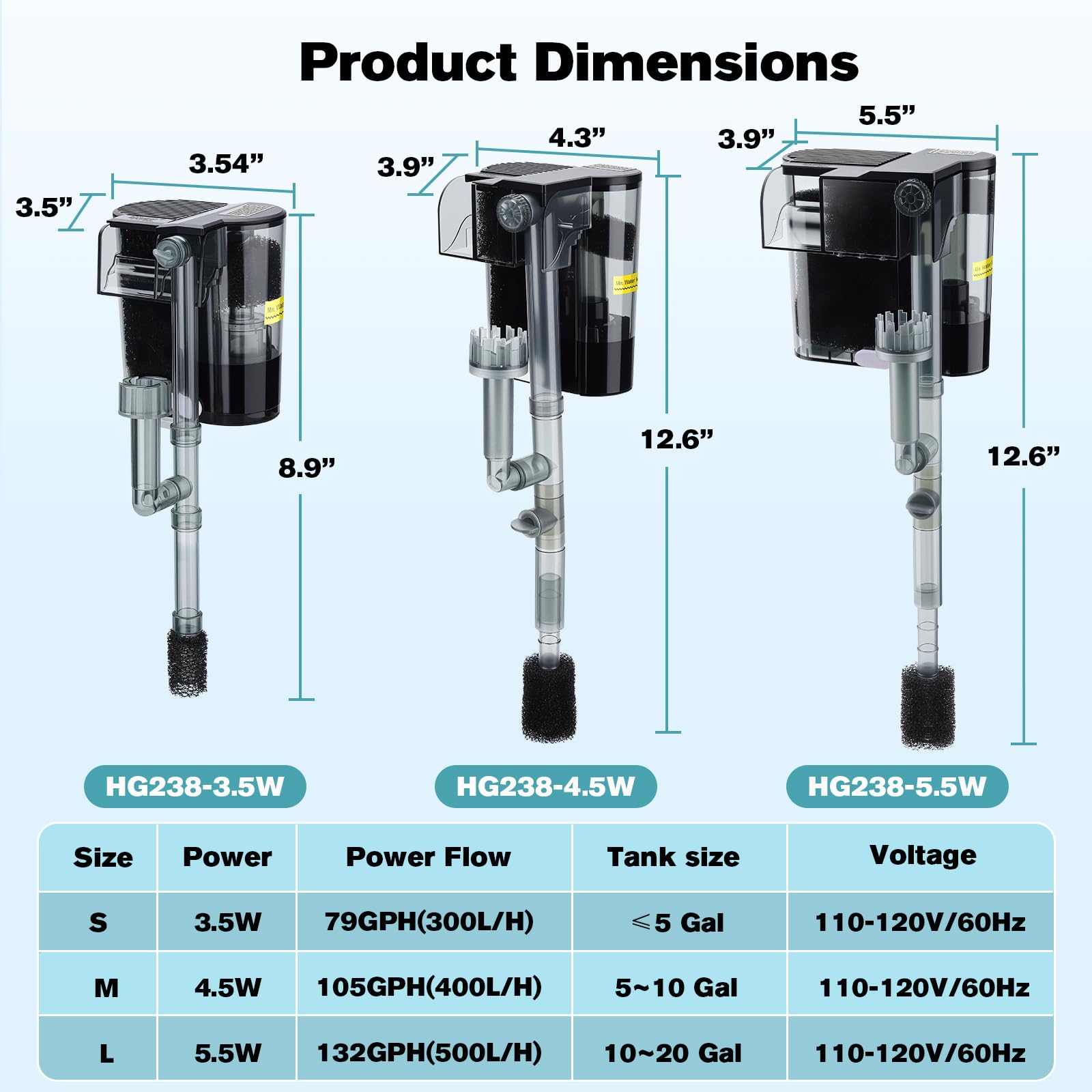 hygger Hang On Back Aquarium Filter, Small Fish Tank Filter Waterfall Filtration System, Adjustable Water Flow with Surface Skimmer, Replaceable Sponge Quiet Hanging Filter for Tank 5~10 Gal