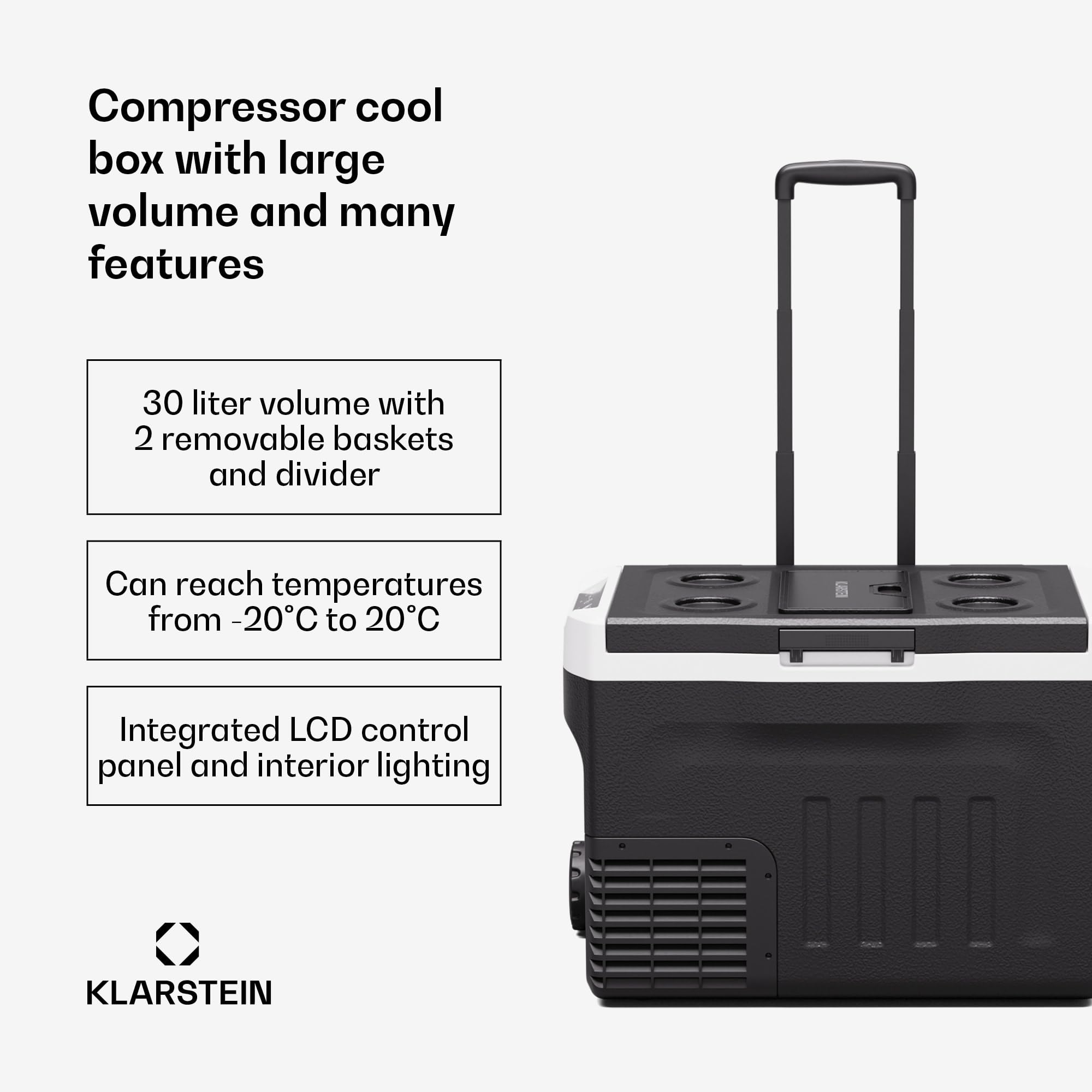Klarstein PolarForce 40-Liter- Kühlbox – Elektrische Kompressor-Kühlbox mit LCD-Bedienfeld, -20°C bis 20°C, Dual Power (12V/230V), ECO-Modus, Ideal für Camping und Road-Trips, Gefrierbox