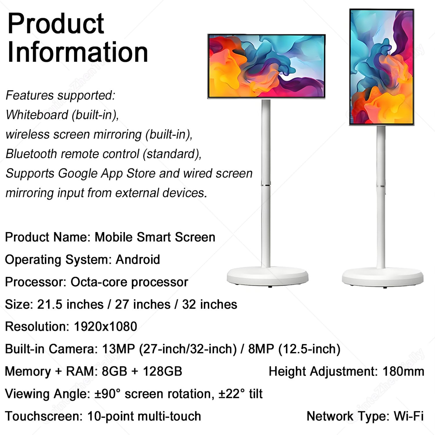 Monitor Touch Screen Portatile Funzioni Intelligenti,Monitor Touchscreen Portatile Supporto su Ruote,Display Mobile Wireless Intelligente,per Uso Domestico Ufficio 27inch