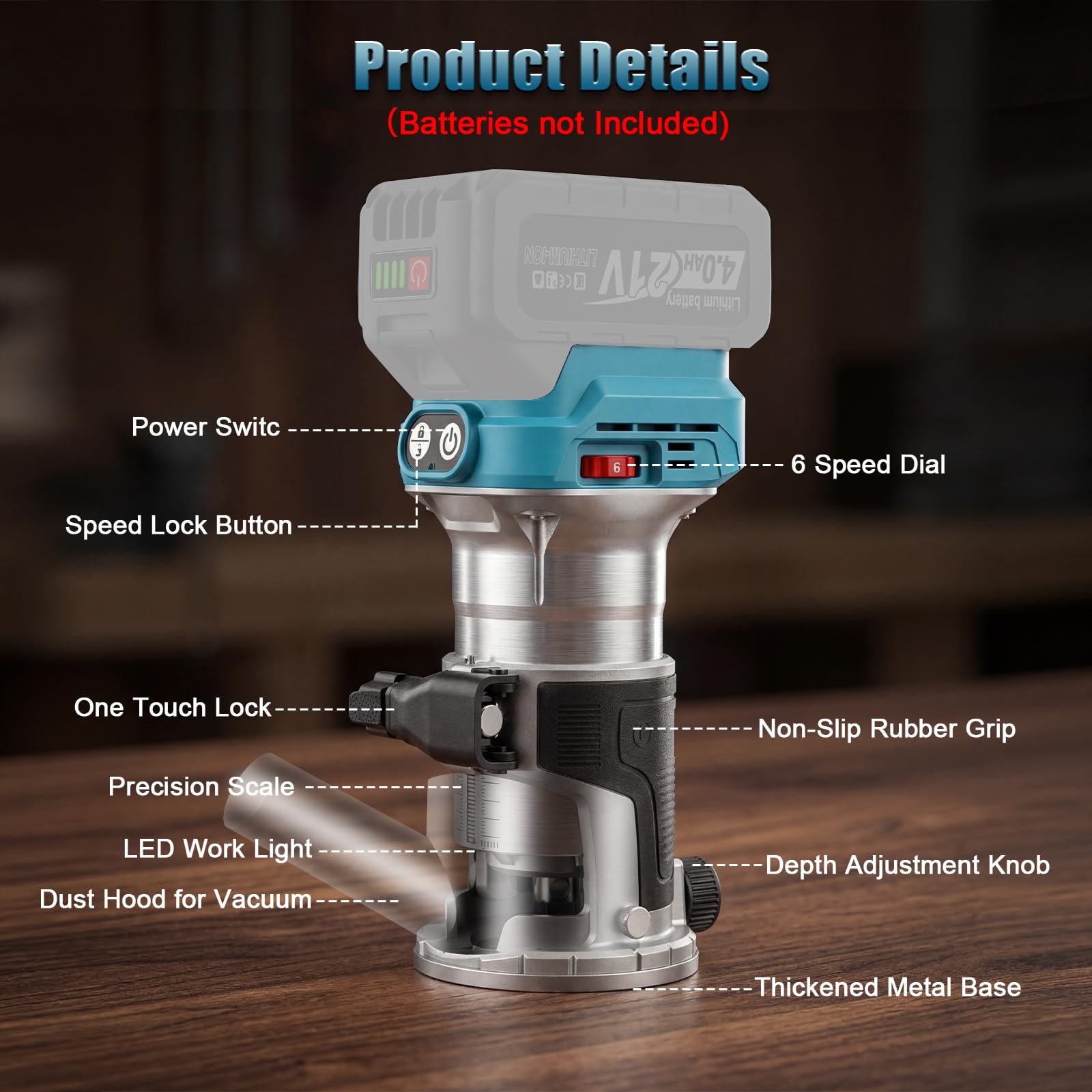 Yofuly Akku Oberfräse Kompatibel mit Makita 18V Akku, 800W Bürstenloser Akku-Kantenfräse Einhandfräse Set, 6 Geschwindigkeit 28000RPM, Aluminum Holzfräser für Holz (Ohne Batterien)