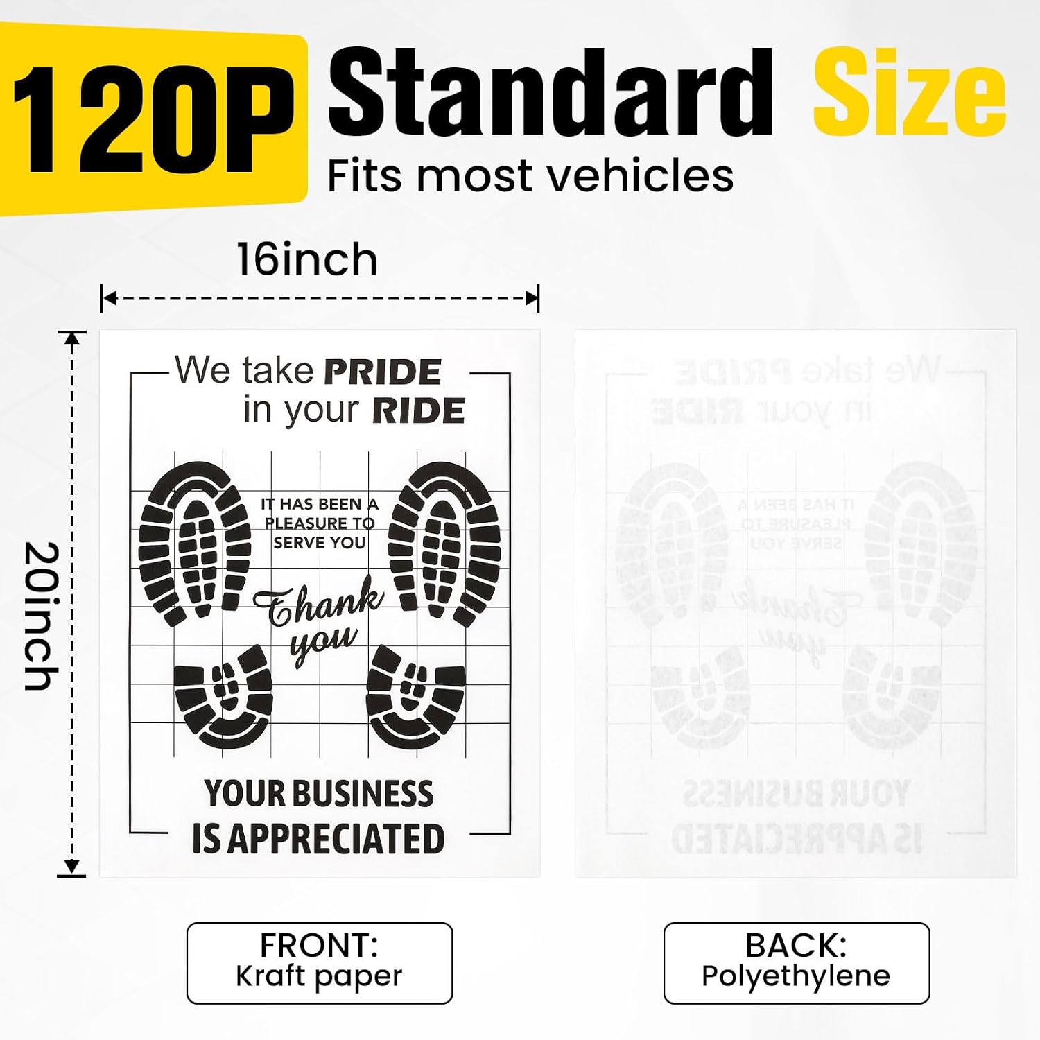 120 Pcs Paper Floor Mats for Cars, 16"x20" Disposable Car Floor Mats with Kraft Paper + PE Waterproof Layer, Temporary Vehicles Floor Protector, Paper Mats for Car Details