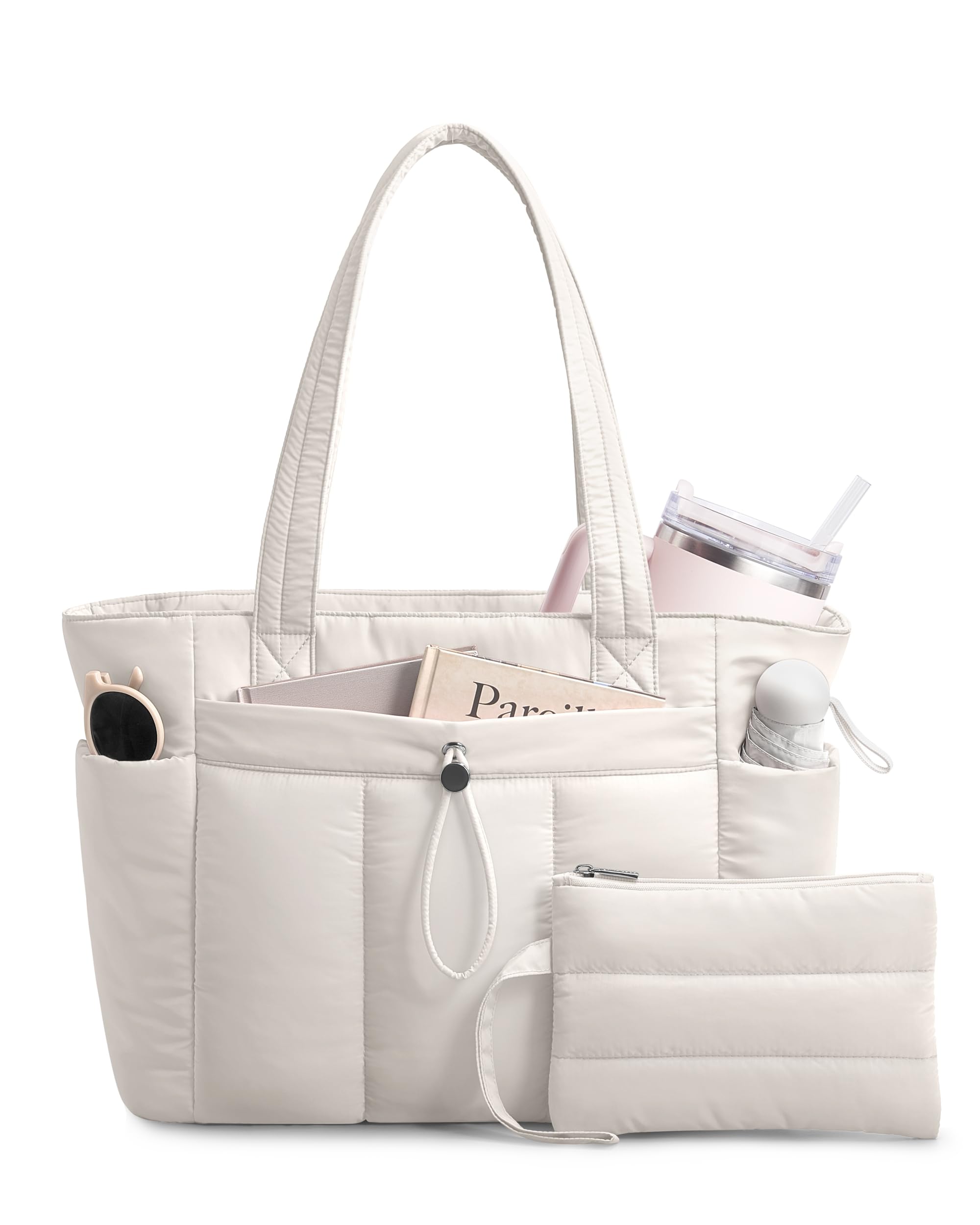 TOPDesign Puffy Tote Bag for Women with Cup Holder Laptop Compartment Cosmetic Bag Trolley Sleeve for Work Travel