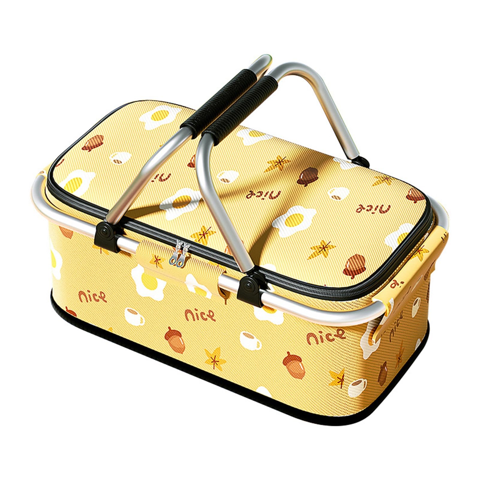 Foldable Insulated Picnic Basket (25L),Thermal Cooler Bag with Aluminum Foil Lining, Reusable Portable Picnic Tote for Camping, Picnic and Grocery Shopping (Yellow Egg Pattern (Aluminum Frame))