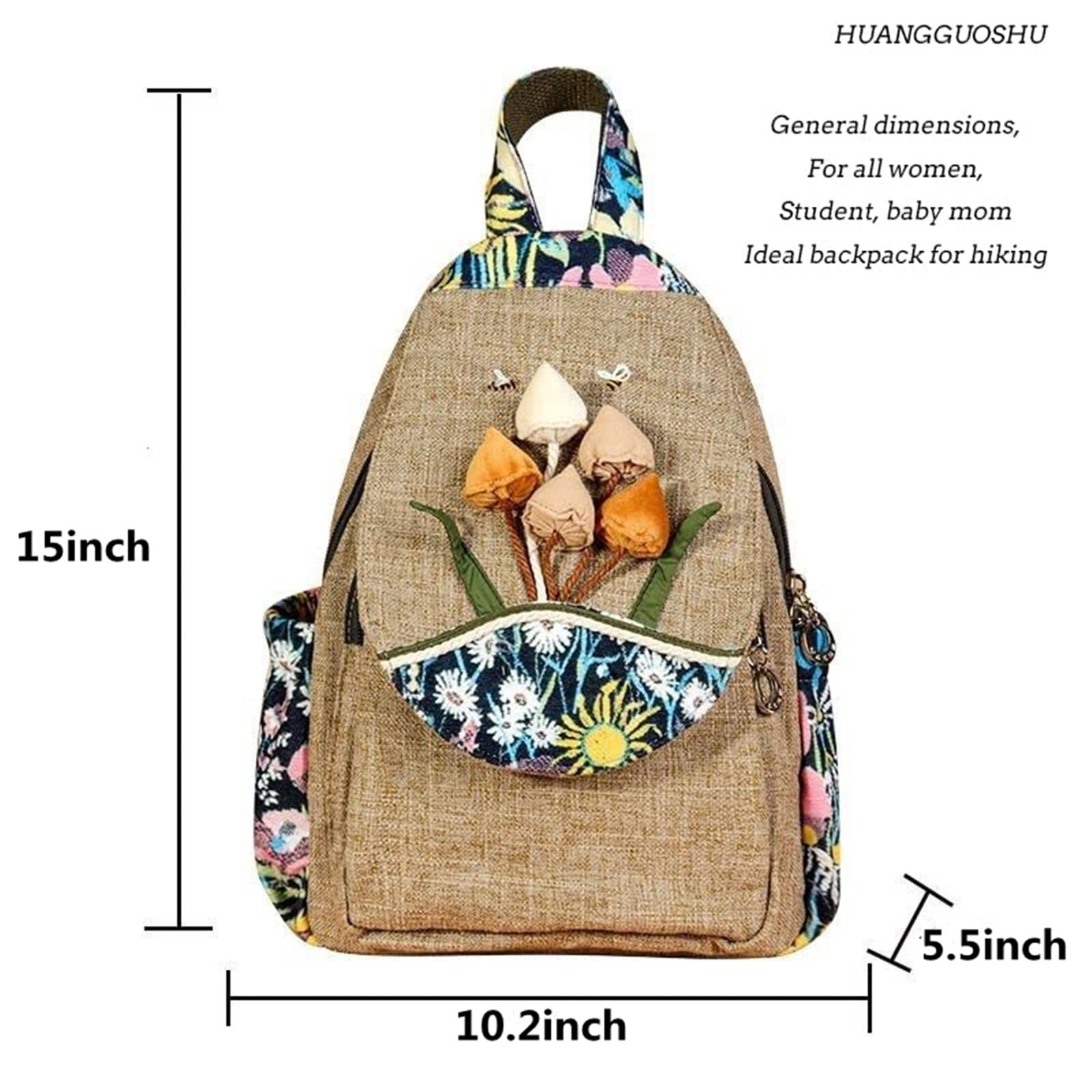 Bolso tipo mochila para mujer, estilo bohemio, convertible, pequeño, con diseño de hongos y tejido, hippie, Marrón oscuro, middle-sized, Mochilas de mochila