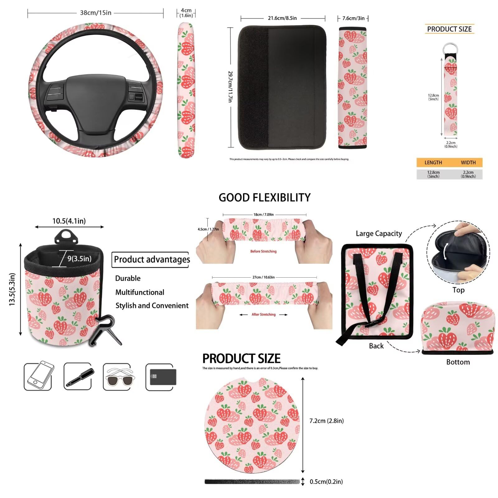 Set completo di coprisedili per auto rosa fragola con coprivolante da 38,1 cm, pattumiera, cinture di sicurezza, portabicchieri, copertura per specchietto retrovisore, tasca per bocchetta