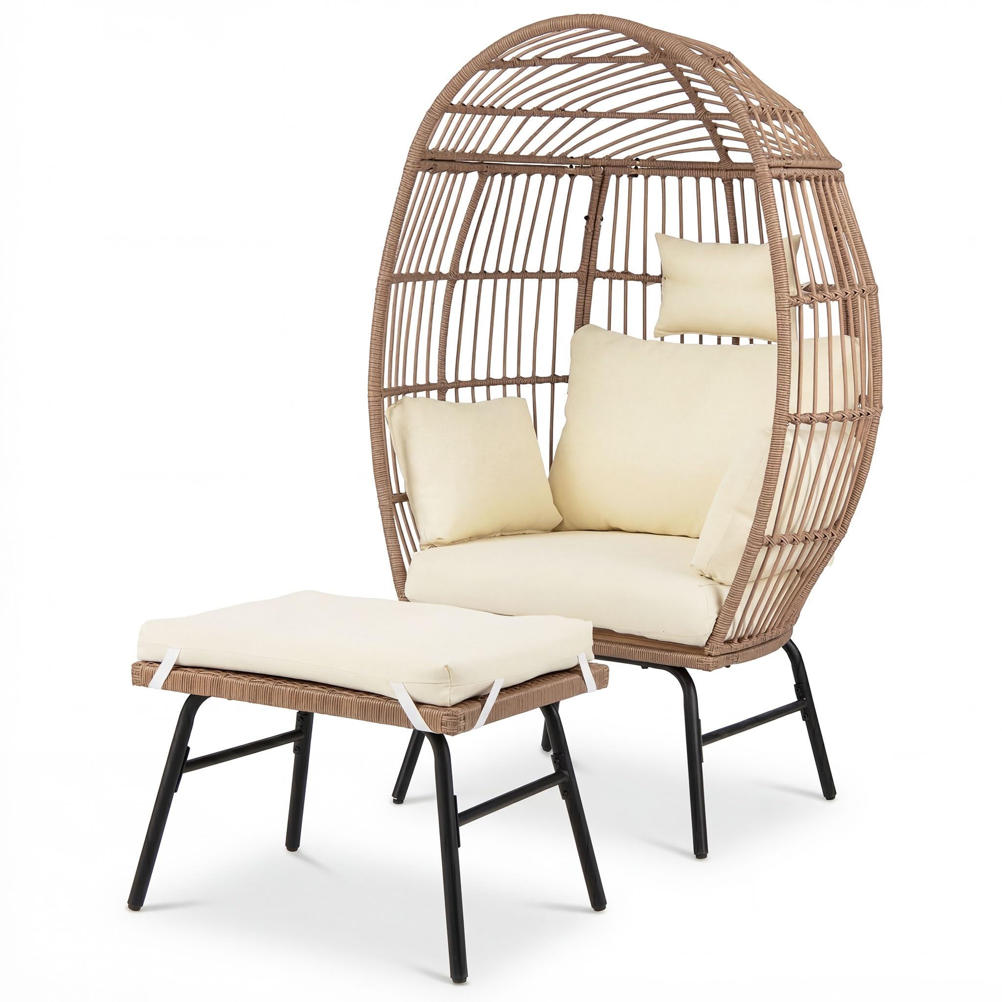 LIFEZEAL Sedia per uova in rattan, con cuscino, in rattan, a forma di uovo con telaio in metallo, per terrazza, cortile, soggiorno (con sgabello, marrone)