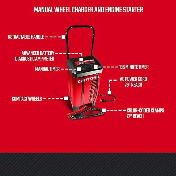 CRAFTSMAN Wheeled Manual 6A Car Battery Charger and 175A Engine Starter, 2-in-1 Solution, Timer-Controlled, 25A Boost, for 12V Power Sport, Automotive, and Marine Batteries, CMXCESM274