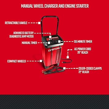 CRAFTSMAN Wheeled Manual 6A Car Battery Charger and 175A Engine Starter, 2-in-1 Solution, Timer-Controlled, 25A Boost, for 12V Power Sport, Automotive, and Marine Batteries, CMXCESM274