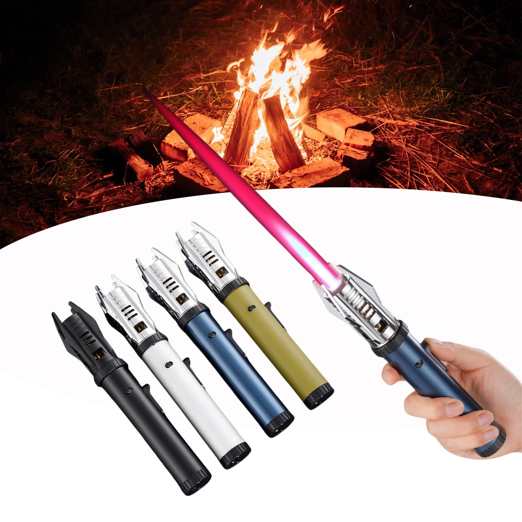 Briquet à flamme droite coupe-vent pour camping, extérieur, gaz en métal, briquet à grande flamme, rechargeable avec verrouillage de sécurité pour barbecue en plein air, cuisine (bleu)