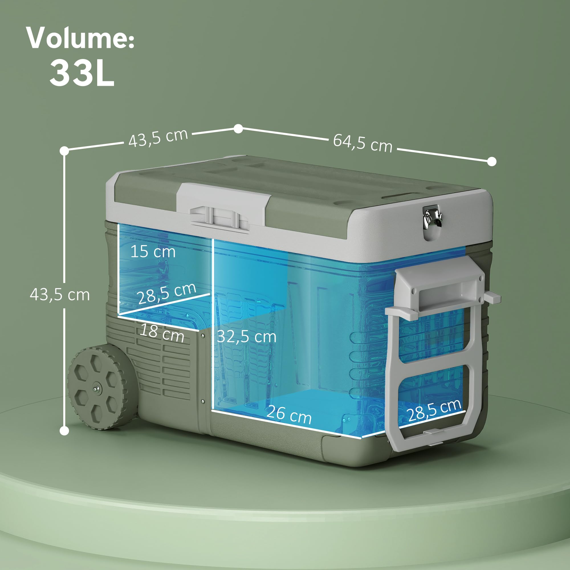 Outsunny 33 Liter Kompressor Kühlbox Leiser Elektrisch bis -20℃ Rolle Grün | Mini Kühlschrank, Kühlbox mit LED, Kühlfunktion, Gefrierbox, Thermobox, 12/230 Volt, für Auto LKW Camping Boot Reisen