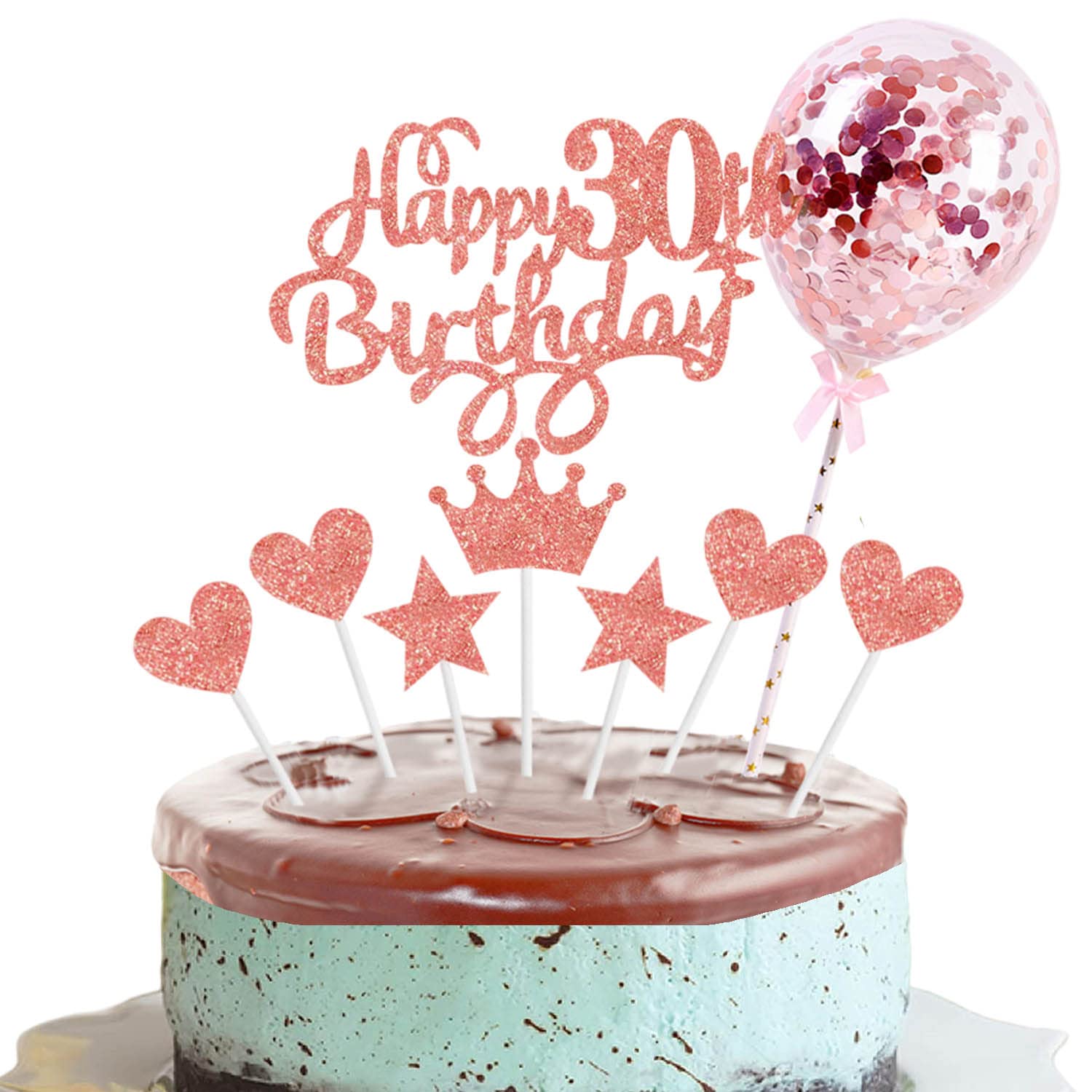 Happy 30th Birthday Cake Toppers Rose Gold Personalised for Her, Women,2 Star 4 Heart 1 Crown with Balloon Customised 30th Birthday Cake Toppers Decor for Bithday Party,Happy Birthday Sign for Cake