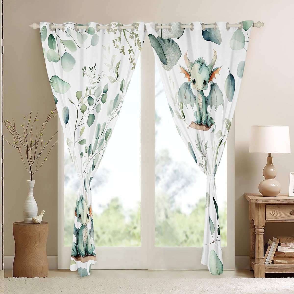 Erosebridal Boys Magic Animal Blackout Curtains Cute Dragon Curtains, Cartoon Wildlife Curtains & Drapes Green Leaf Black Out Curtains, Spring Garden Plant Window Curtains Child Kids Bedroom Decor
