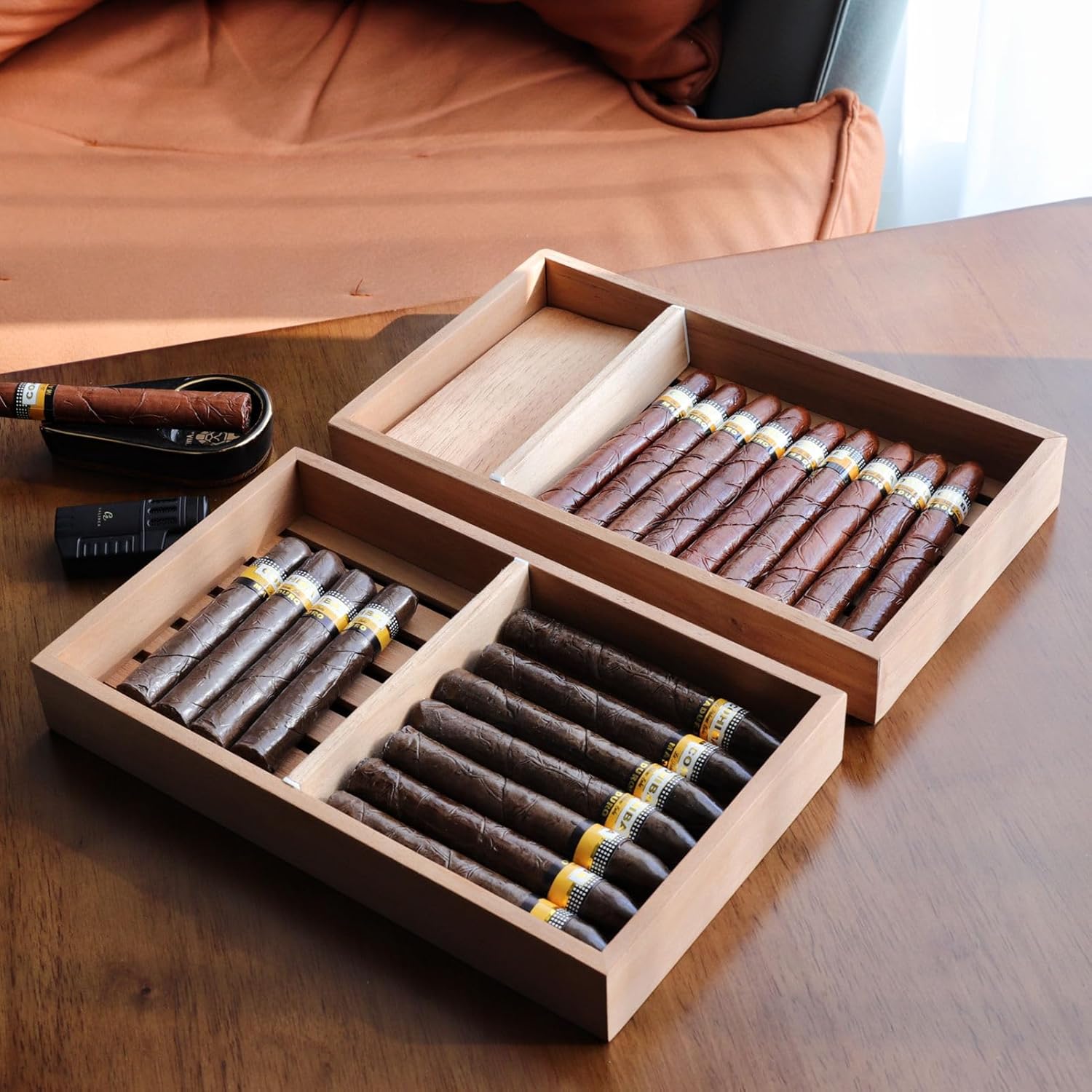Woho 2pcs Spanish Cedar Cigar Tray with Adjustable Divider & 12 Count Sheets, Open Cedar Cigar Trays with Scent for Cigar Organization/Storage/Aging, Cigar Tray for Large Cigar Humidor (12"X7"X1.57")