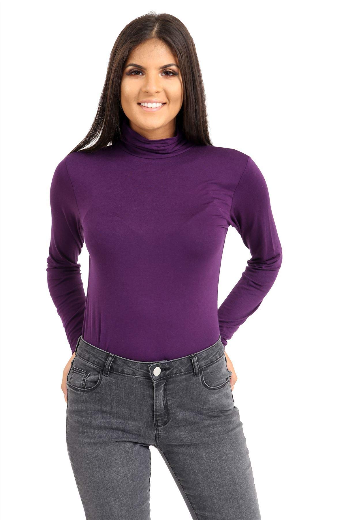 Janisramone Women's Purple Long Sleeve Turtle Polo Neck T-Shirt Slim Fit Jersey Casual Basic Plain Tee Vest Top