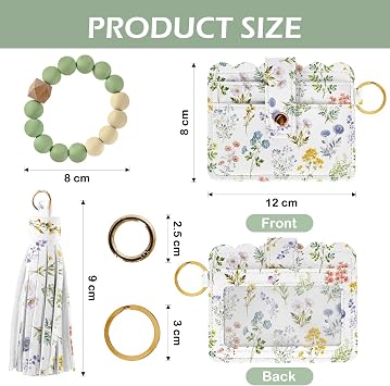 Small Flower Wallet Keychain Wristlet, Horizontal Silicone Bead Bracelet Wallet with Wrist Strap and Card Case ID Window, PU Leather Blocking Card for Women, Girls and Friends