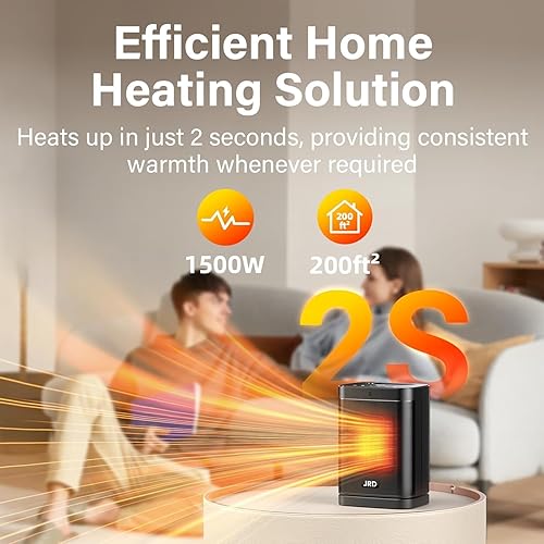 Miniatura 2 de JRD Calentador de espacio PTC de 10 pulgadas con oscilación de 80°, termostato, temporizador de 12 horas, calor rápido, modo ecológico, control