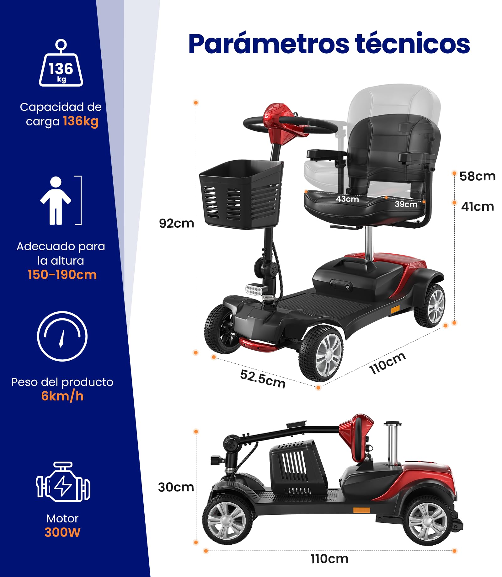VOCIC D51 Scooter de movilidad plegable 136KG,Movilidad scooter de 4 ruedas estable Rojopara personas mayores de alcance de 15KM con Neumáticos Antipinchazos para todo terreno,apoyo 5 Años| Rojo