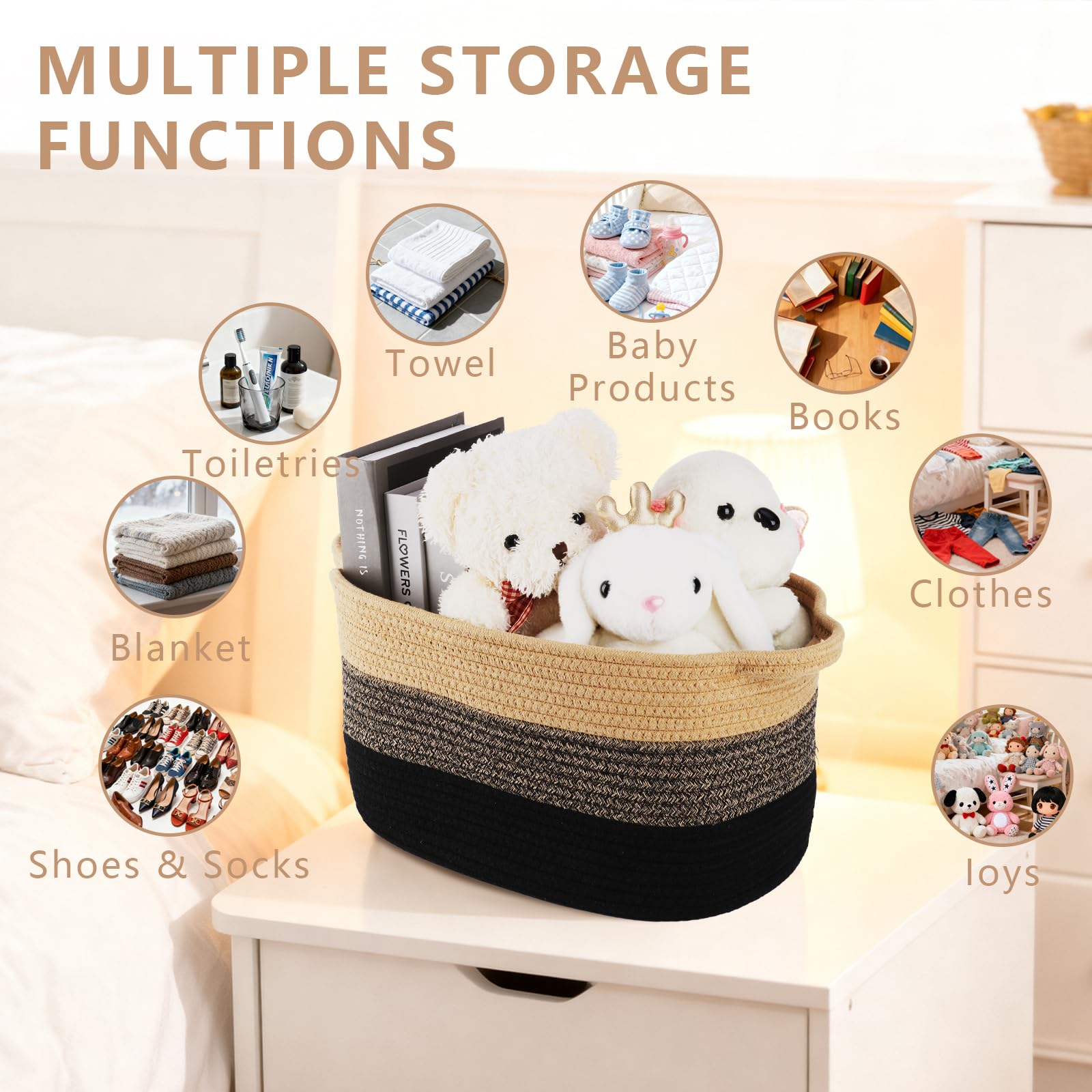 Lot de 3 paniers de rangement tressés en coton - Petits paniers tissés pour salle de bain - Panier décoratif (Brun noir)