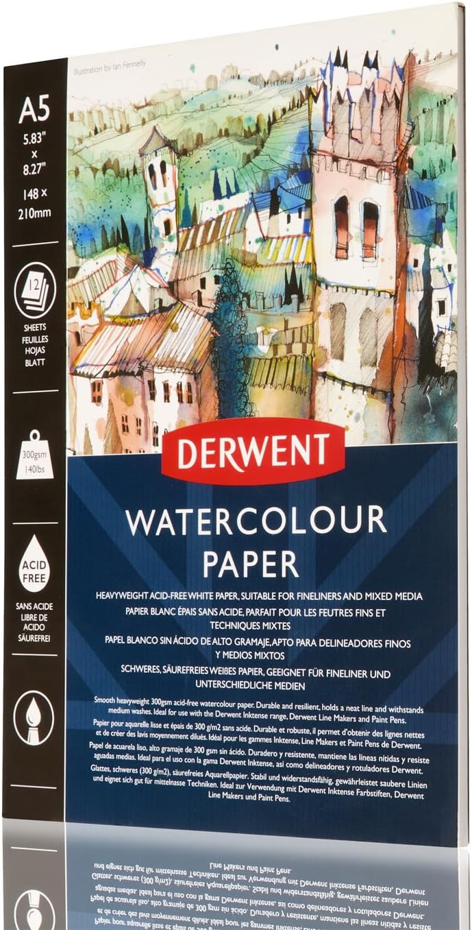 Derwent Watercolor Paper Pad, A5, 5.83 x 8.27 Inches Sheet Size, 12 Sheets (2301969)