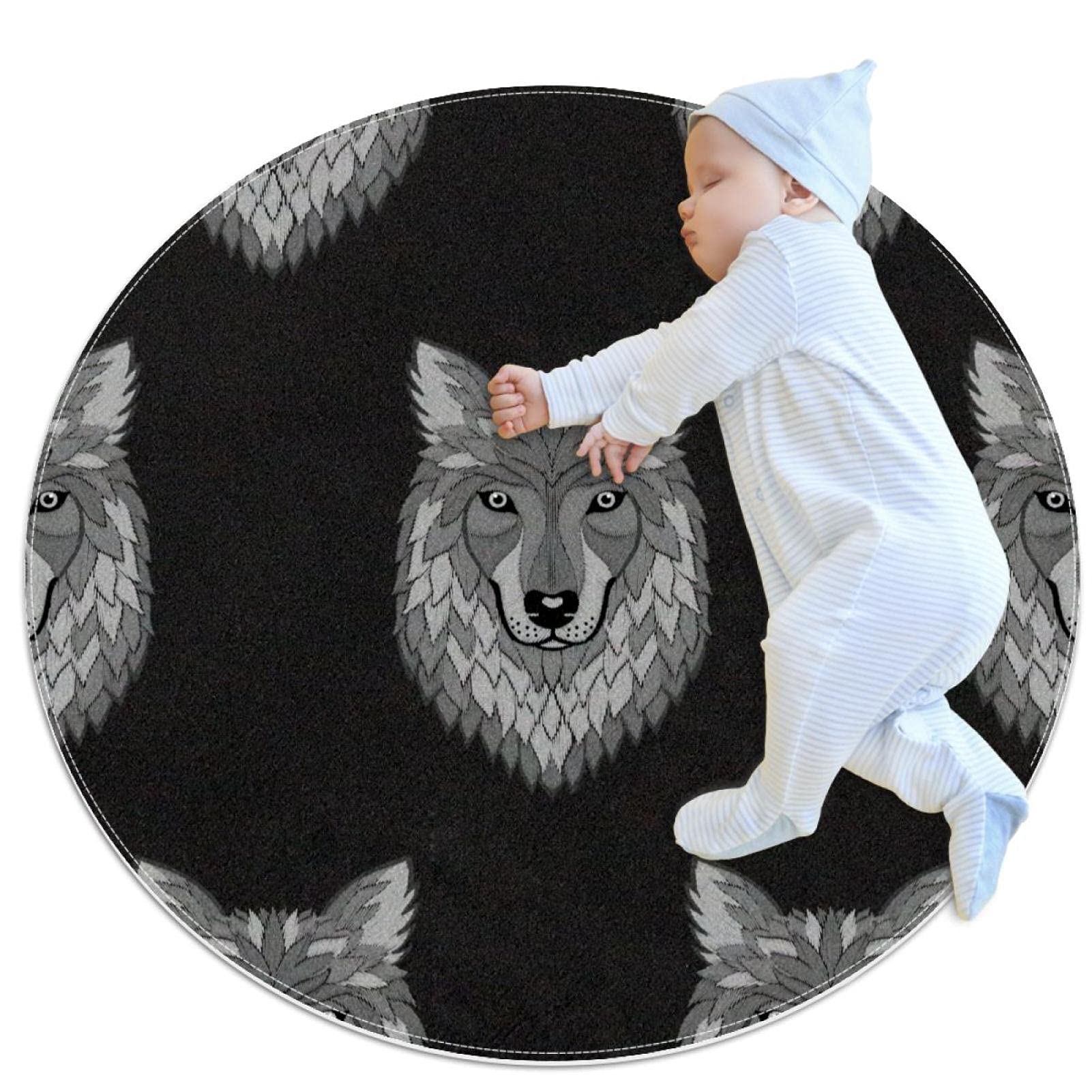 Tapis de salle de bain loup gris rond 1m antidérapant pour chambre