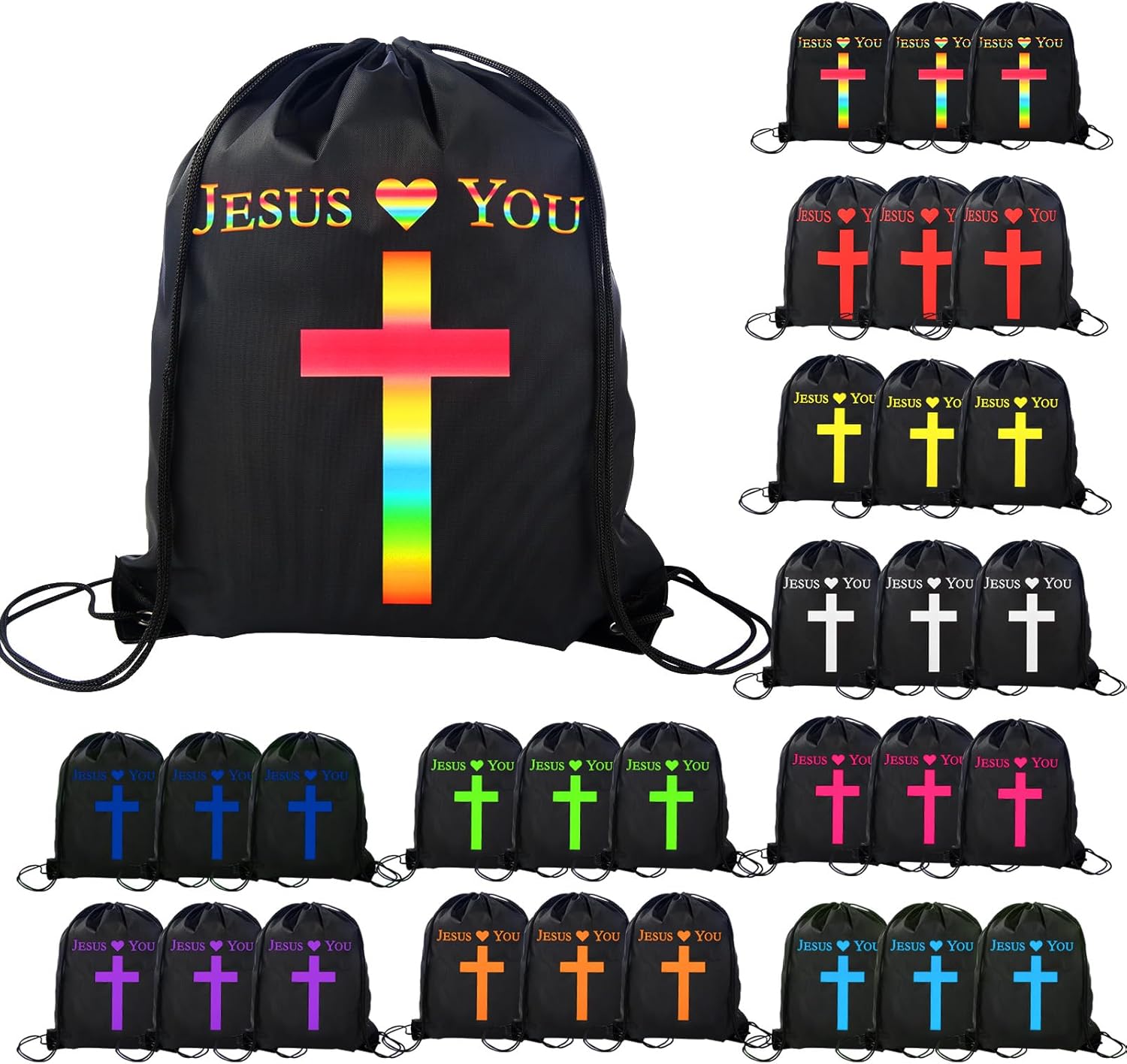 VZZNN 30 Pcs Jesus Loves You Drawstring Backpack Bulk Christian Gift Bags Church Supplies String Backpack Cinch Bag Jesus Stuff(Black)
