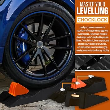 Xtremeauto CHOCKLOCK Caravan Levelling Ramps - 2 Pack Heavy Duty Motorhome Ramps with Chocks & Bag, UV-Resistant Non-Skid Campervan Blocks (5 Tonne Load) - Black