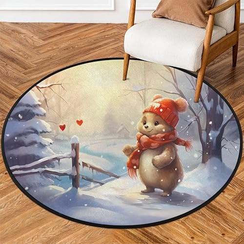 Christmas Scene with Snowman (25) Round Area Rug 3ft Machine Washable Circular Rugs for Dining Room Table Bedroom Playroom Throw Rugs for Dog Living